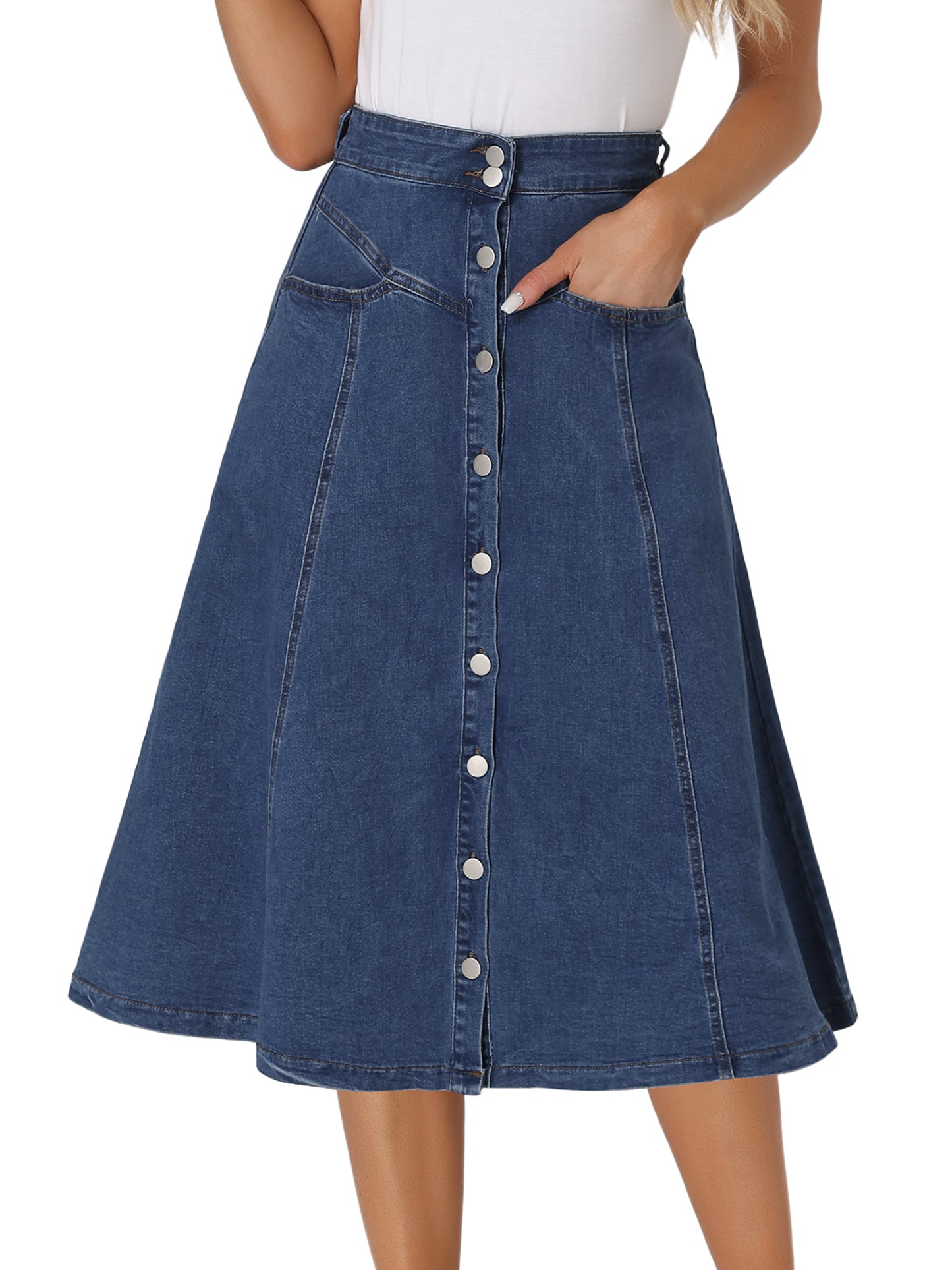 Womens' Summer Denim Skirt High Waist Buttons Front A-Line Flowy Midi Skirts with Pockets