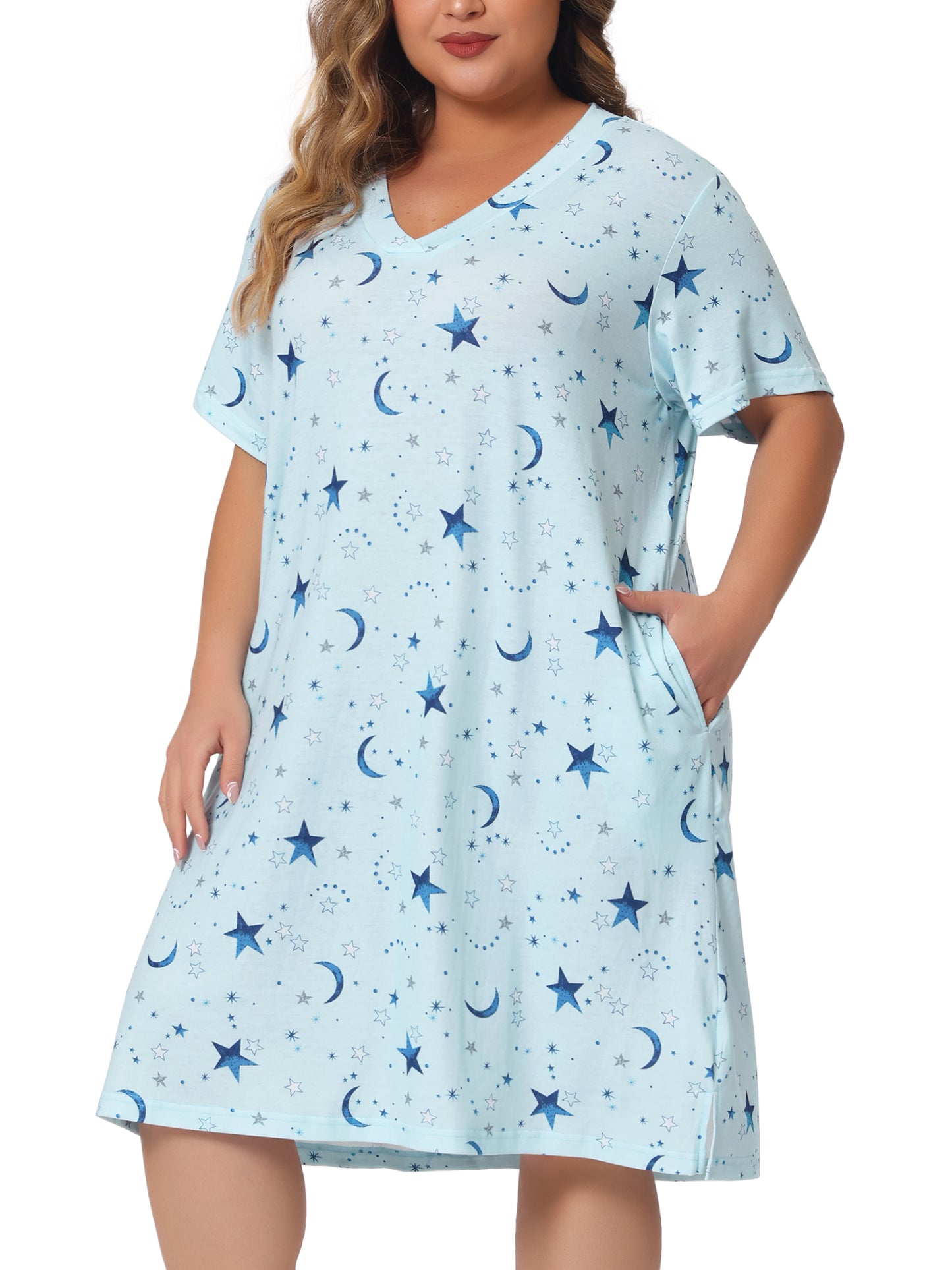 Pijama de talla grande para mujer, ropa de estar por casa, cuello en V, estampado de estrellas y lunas, camisón de dormir