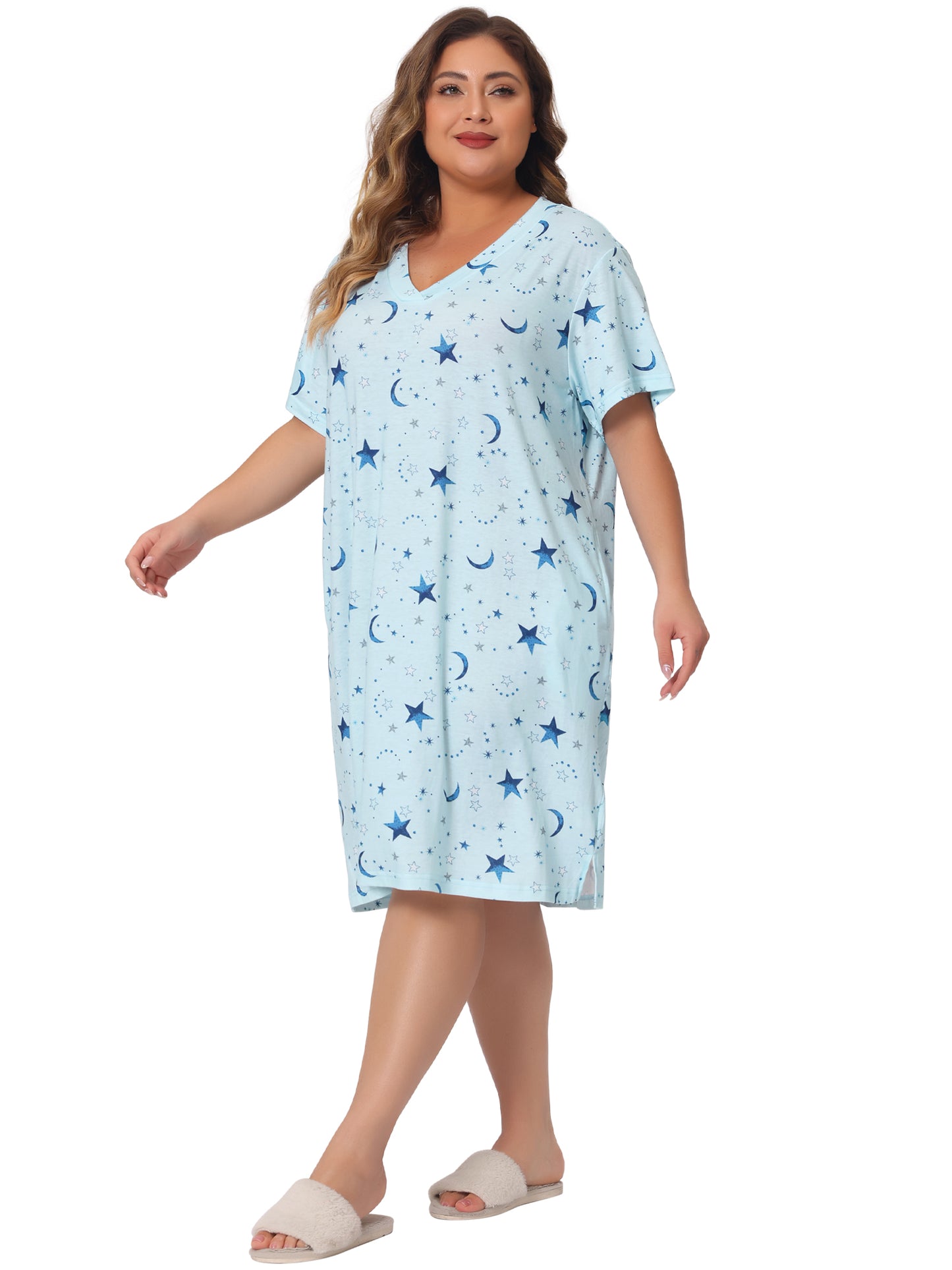 Pijama de talla grande para mujer, ropa de estar por casa, cuello en V, estampado de estrellas y lunas, camisón de dormir