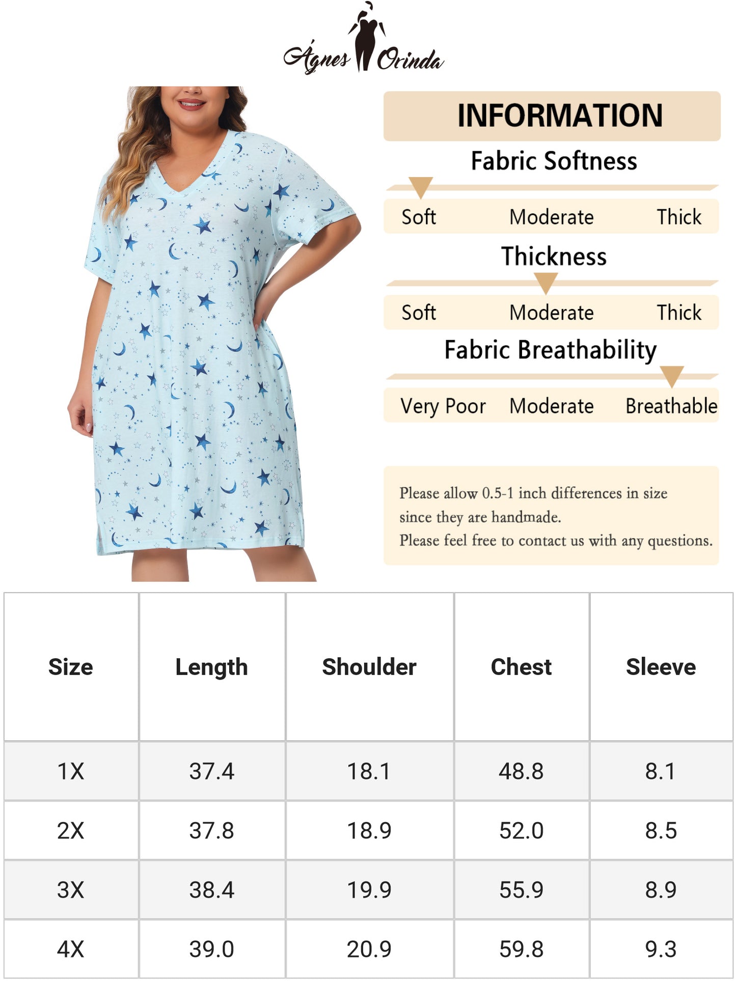 Pijama de talla grande para mujer, ropa de estar por casa, cuello en V, estampado de estrellas y lunas, camisón de dormir