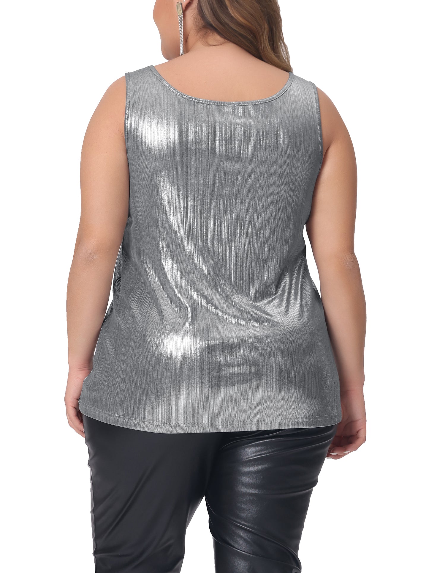 Women Plus Size Tops Scoop Neck Sleeveless Party Clubwear Holographic Shiny Metallic Tank Top