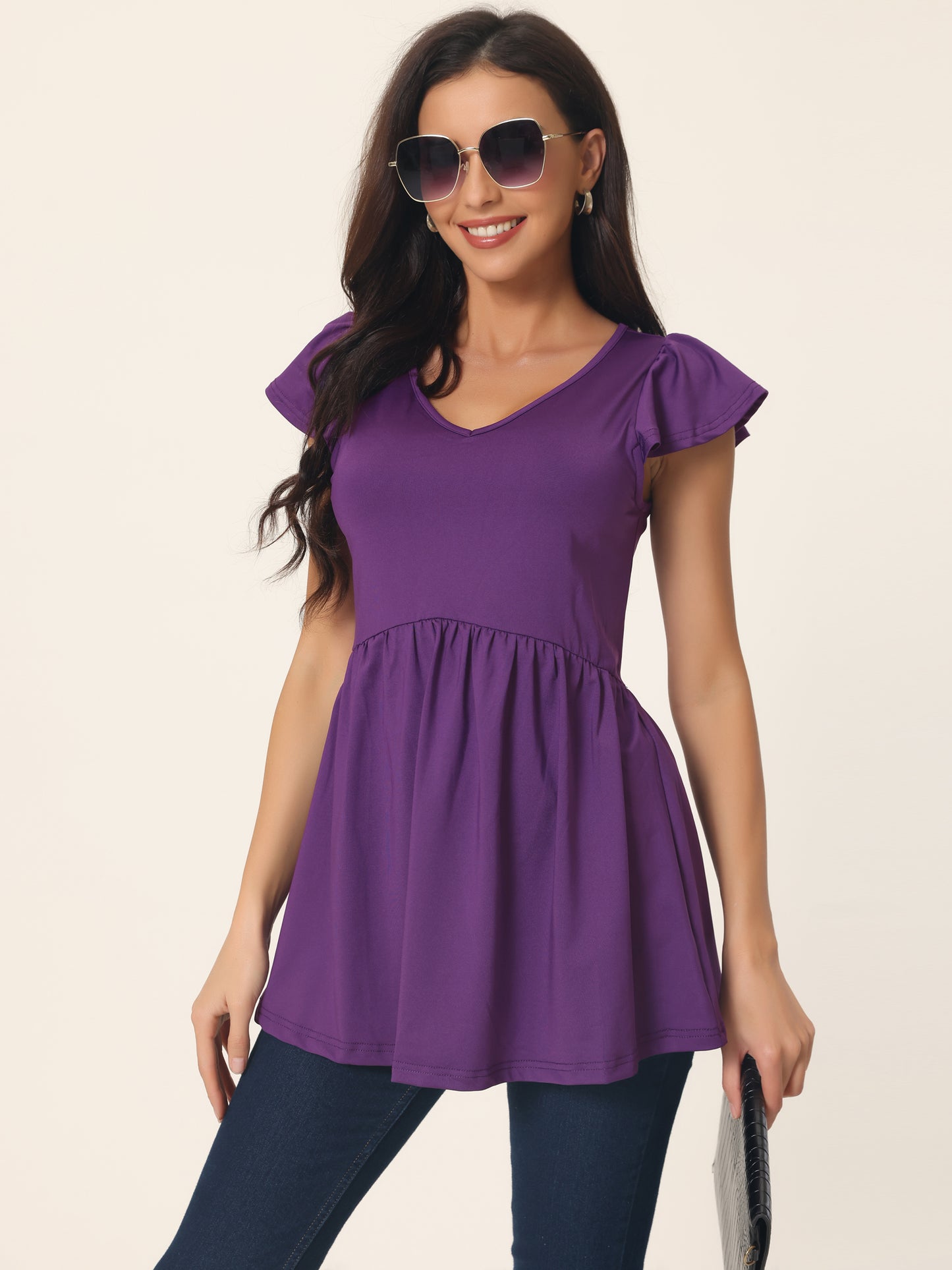 Women's Tunics T Shirt Ruffle Short Sleeve Flowy Hide Belly V Neck Babydoll Top
