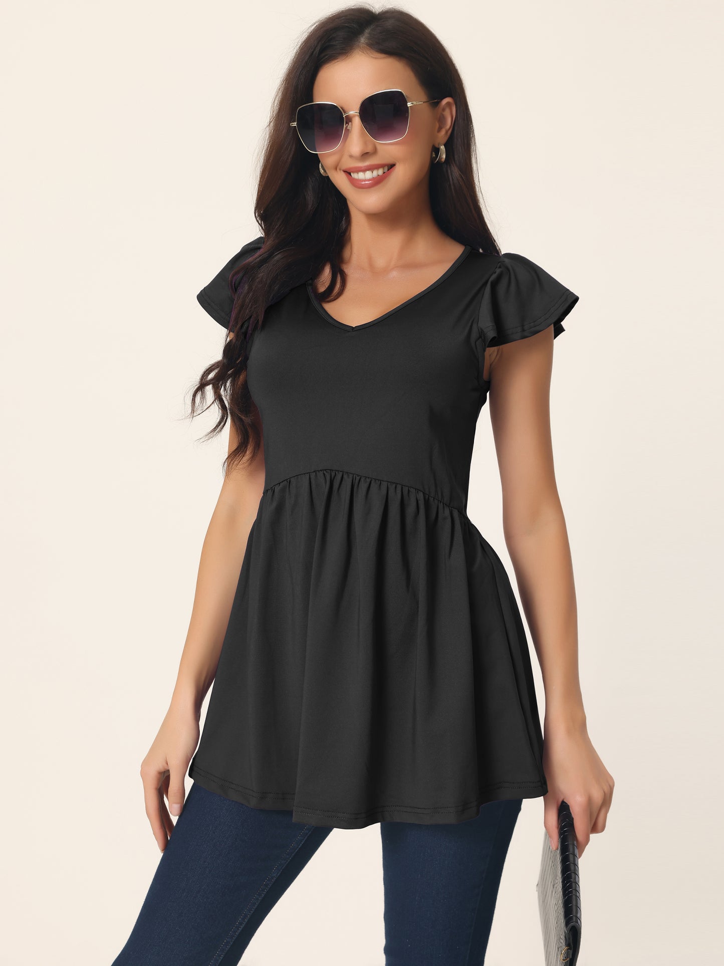 Women's Tunics T Shirt Ruffle Short Sleeve Flowy Hide Belly V Neck Babydoll Top