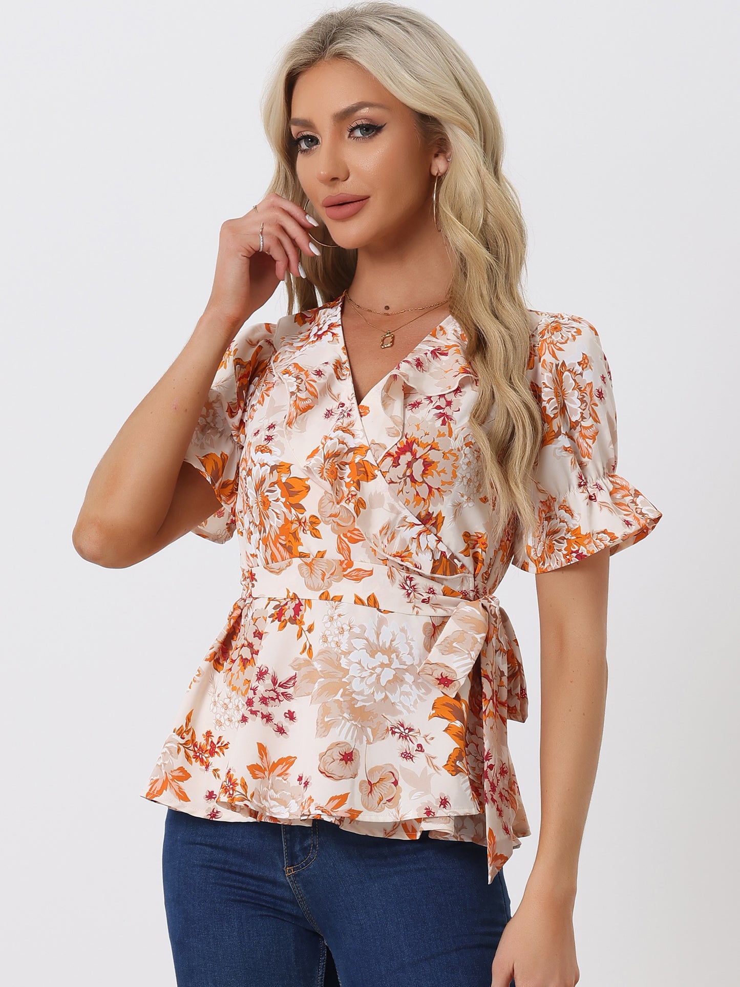 Women's Wrap Blouse Floral Short Sleeve Ruffle V Neck Belted Peplum Top