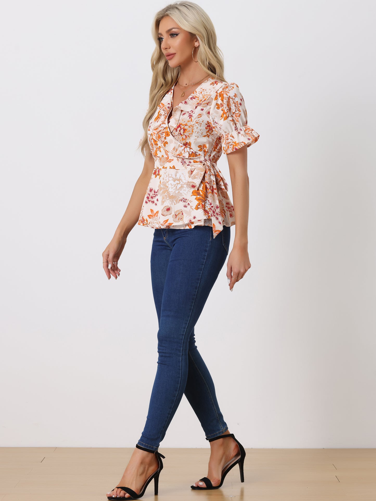 Women's Wrap Blouse Floral Short Sleeve Ruffle V Neck Belted Peplum Top
