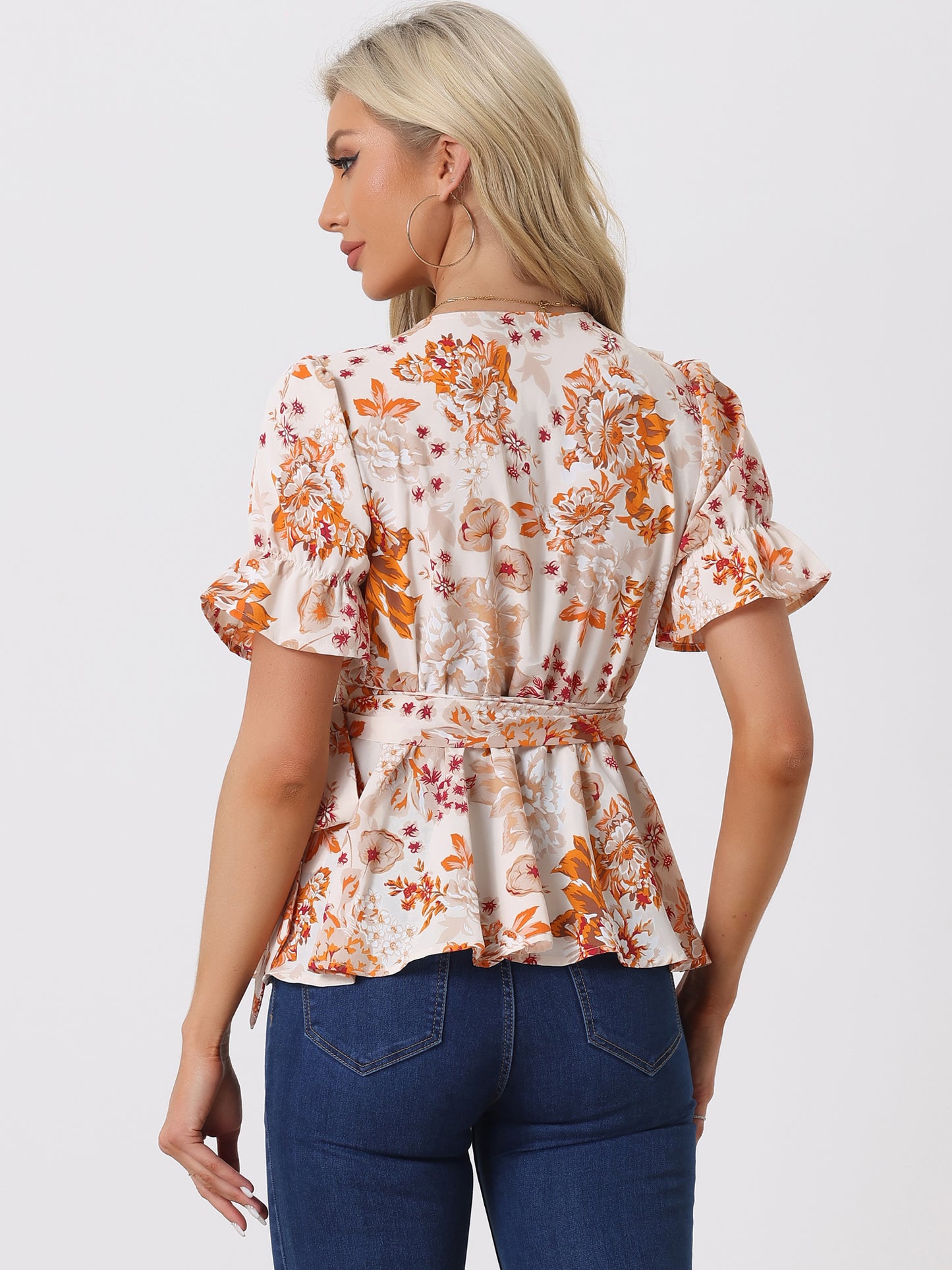 Women's Wrap Blouse Floral Short Sleeve Ruffle V Neck Belted Peplum Top