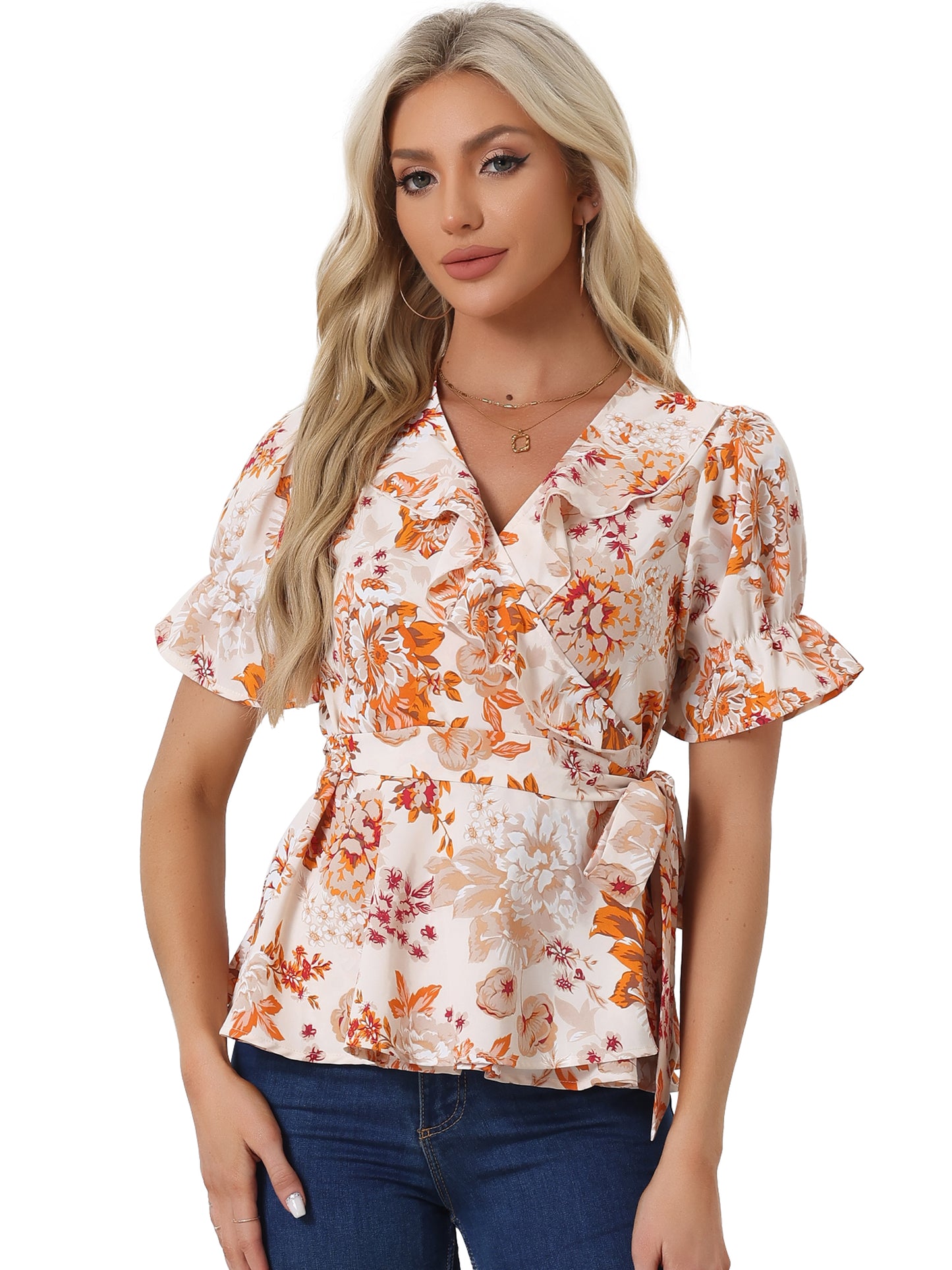 Women's Wrap Blouse Floral Short Sleeve Ruffle V Neck Belted Peplum Top