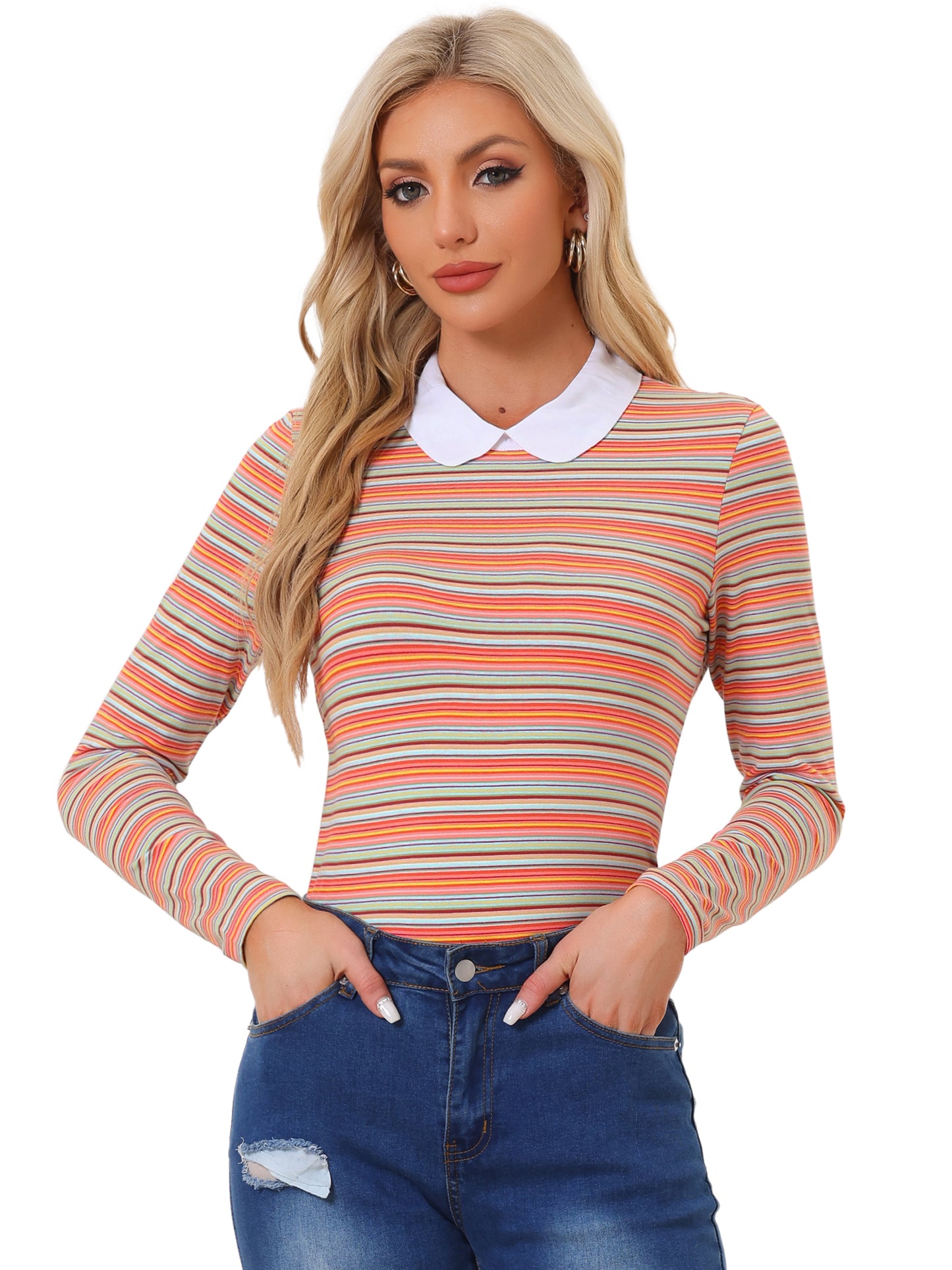 Women's Contrast Collar Long Sleeves Peter Pan Collar Striped Shirt Top