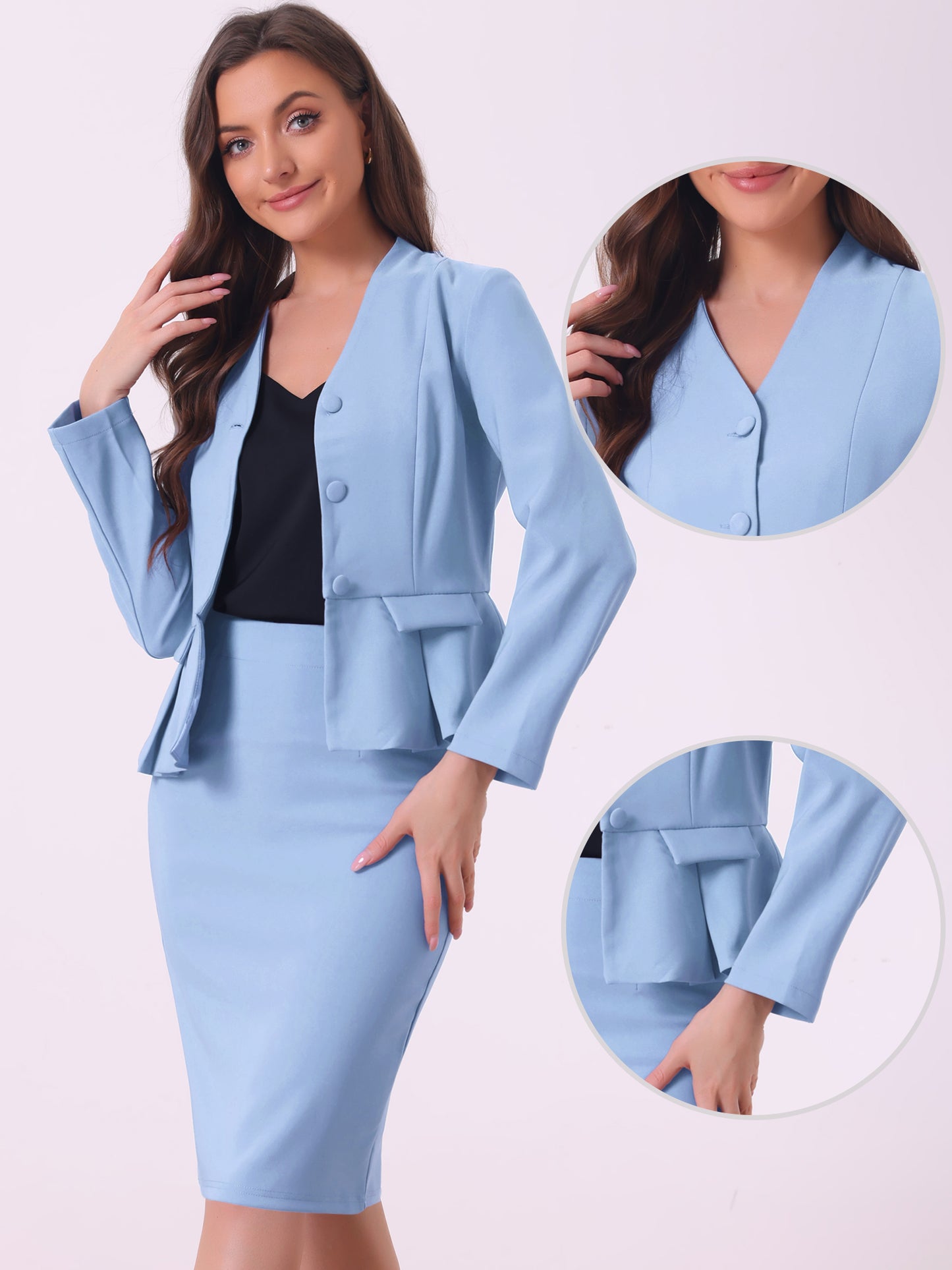 Women's Business 2 Piece Suit Set Long Sleeve Collarless Peplum Blazer Pencil Skirt