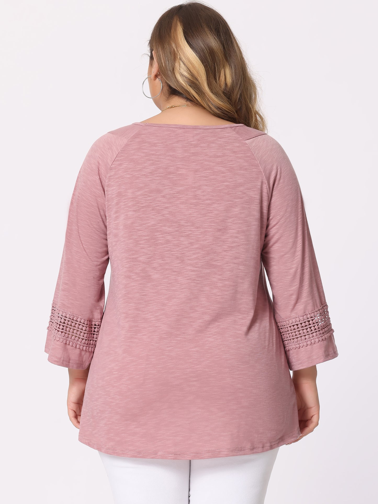 Women's Plus Size Tops Long Sleeve Crochet Panel Hollow Out Pleated Tunics Blouse
