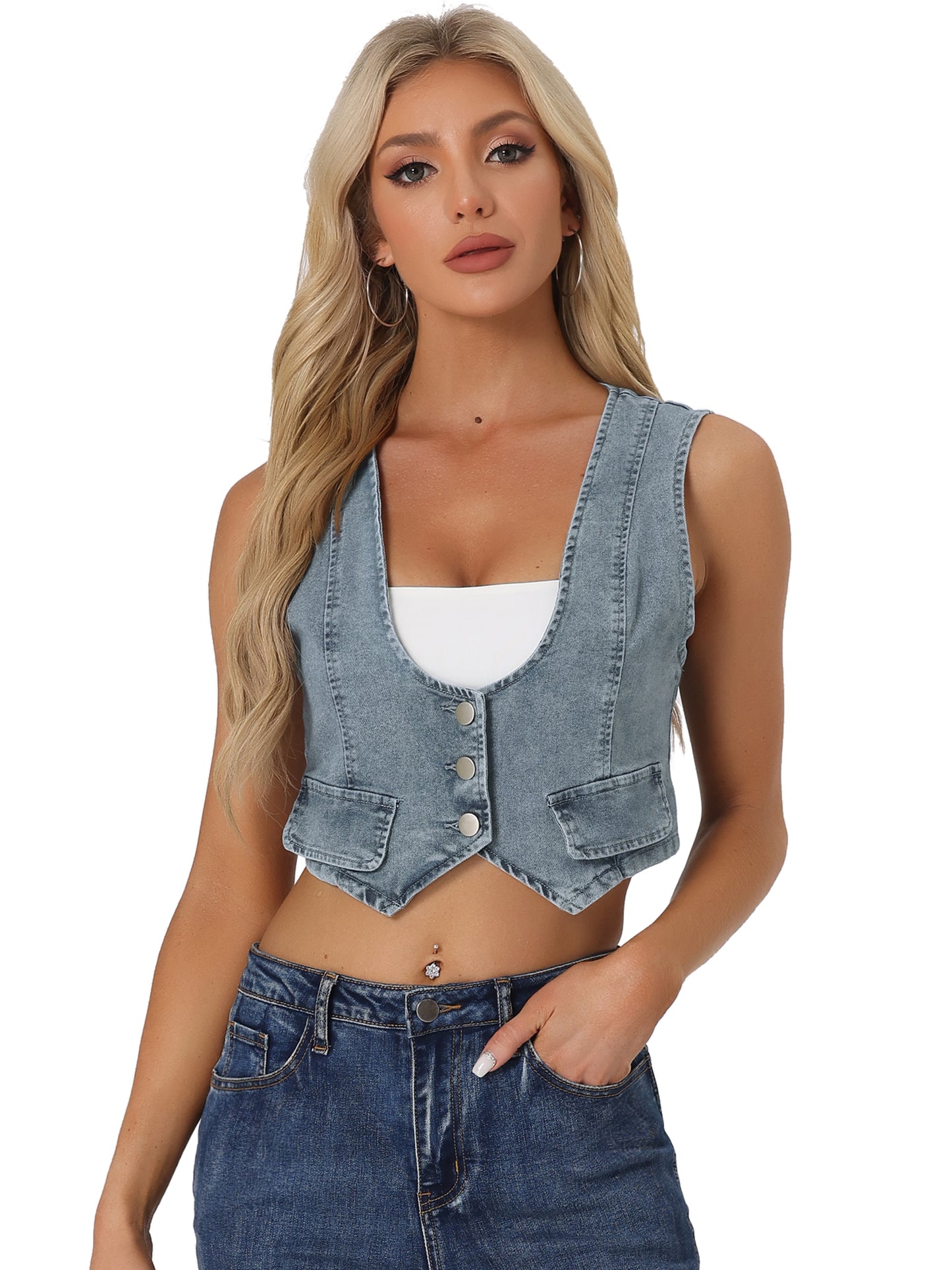 Women's Denim Vest Vintage Button Up Sleeveless Crop Jean Vest Waistcoat