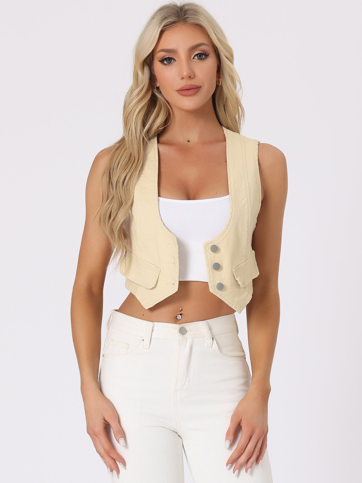 Women's Denim Vest Vintage Button Up Sleeveless Crop Jean Vest Waistcoat