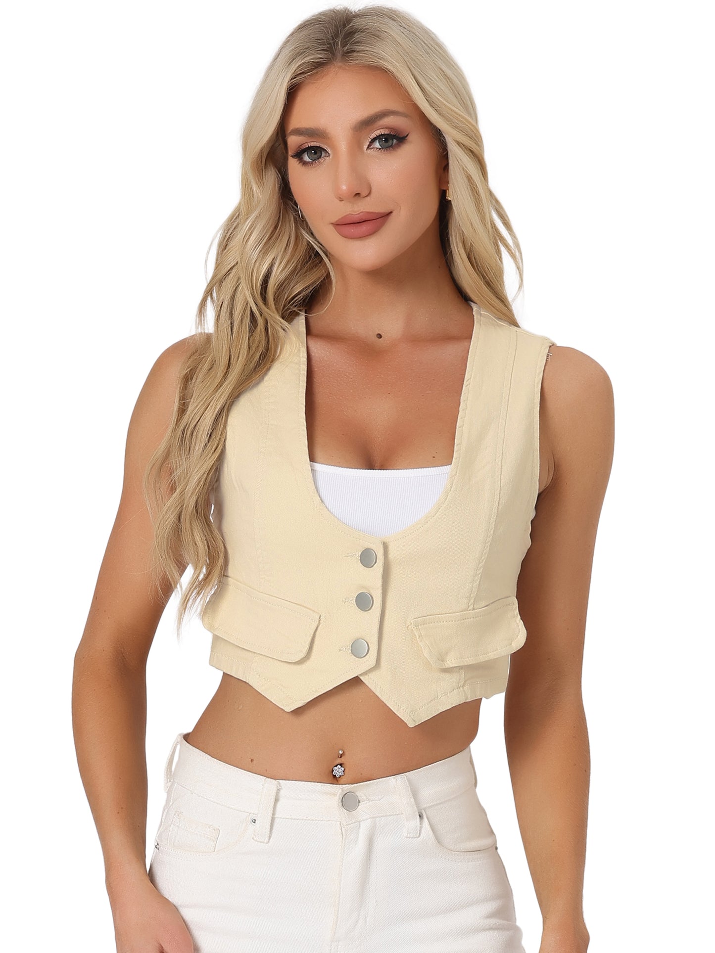 Women's Denim Vest Vintage Button Up Sleeveless Crop Jean Vest Waistcoat