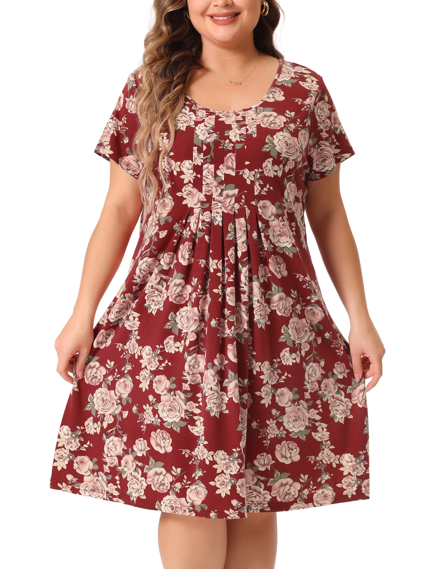 Women Plus Size Short Sleeves Pleated Summer Casual Loose Floral Dress