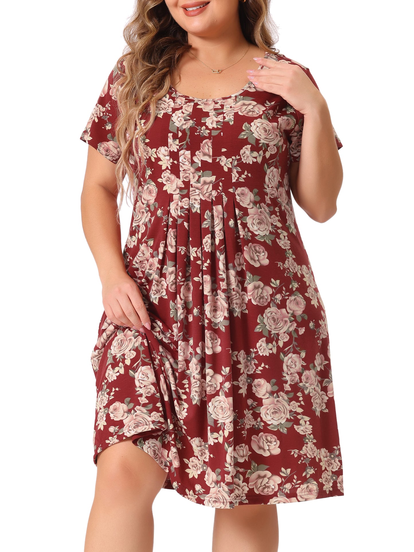 Women Plus Size Short Sleeves Pleated Summer Casual Loose Floral Dress