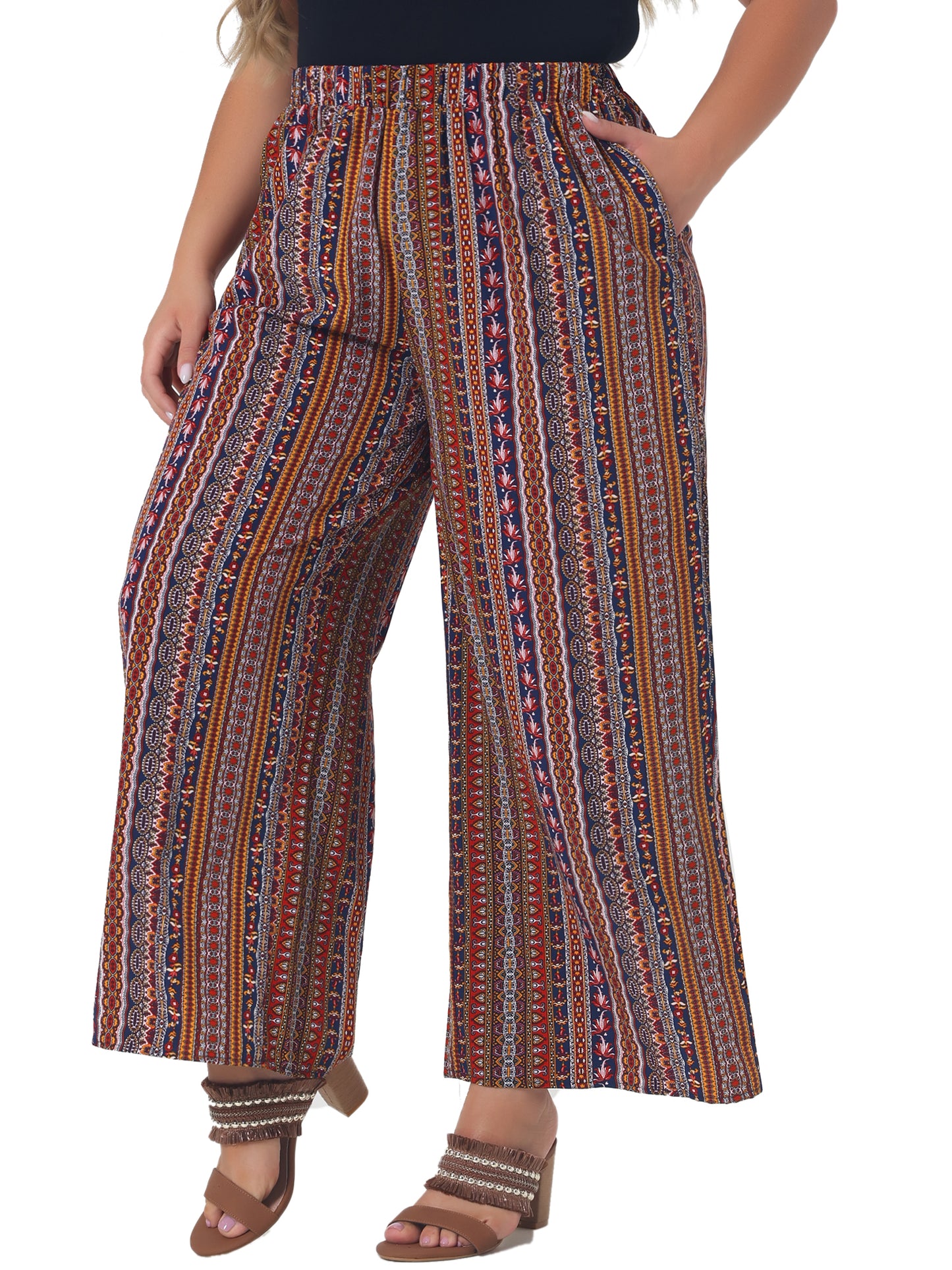 Women Plus Size Palazzo Pants Stripe Boho Wide Leg Paper Bag Pants Beach Casual Summer