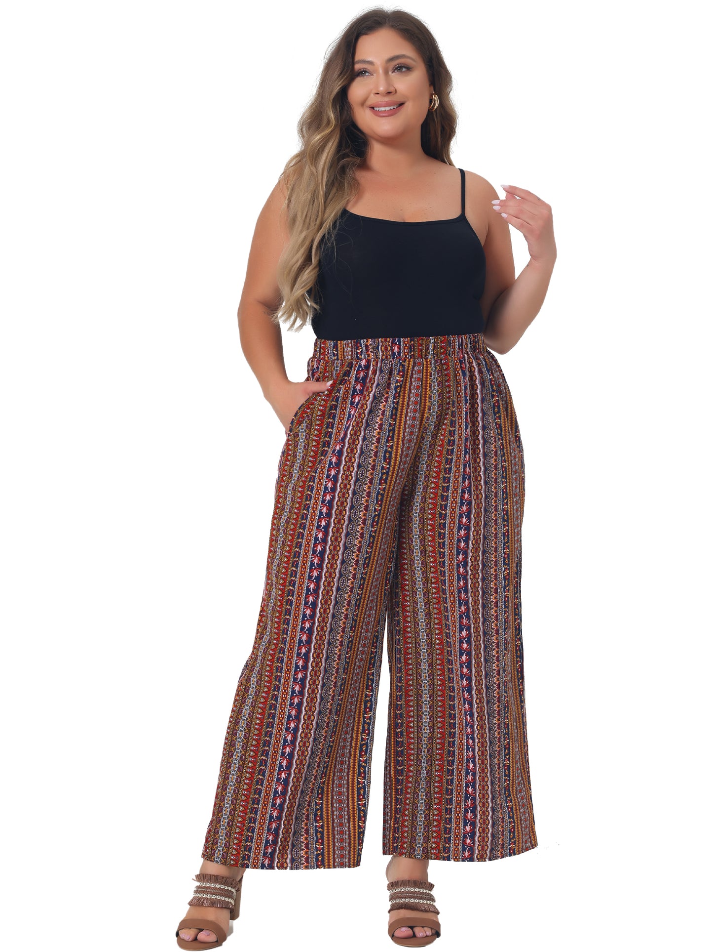 Women Plus Size Palazzo Pants Stripe Boho Wide Leg Paper Bag Pants Beach Casual Summer