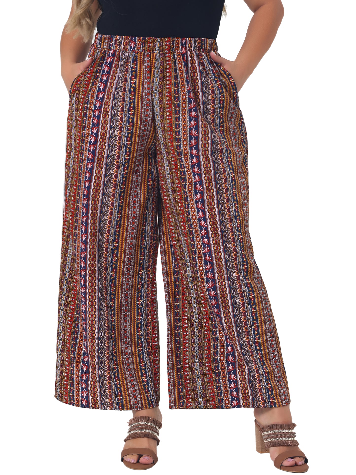 Women Plus Size Palazzo Pants Stripe Boho Wide Leg Paper Bag Pants Beach Casual Summer