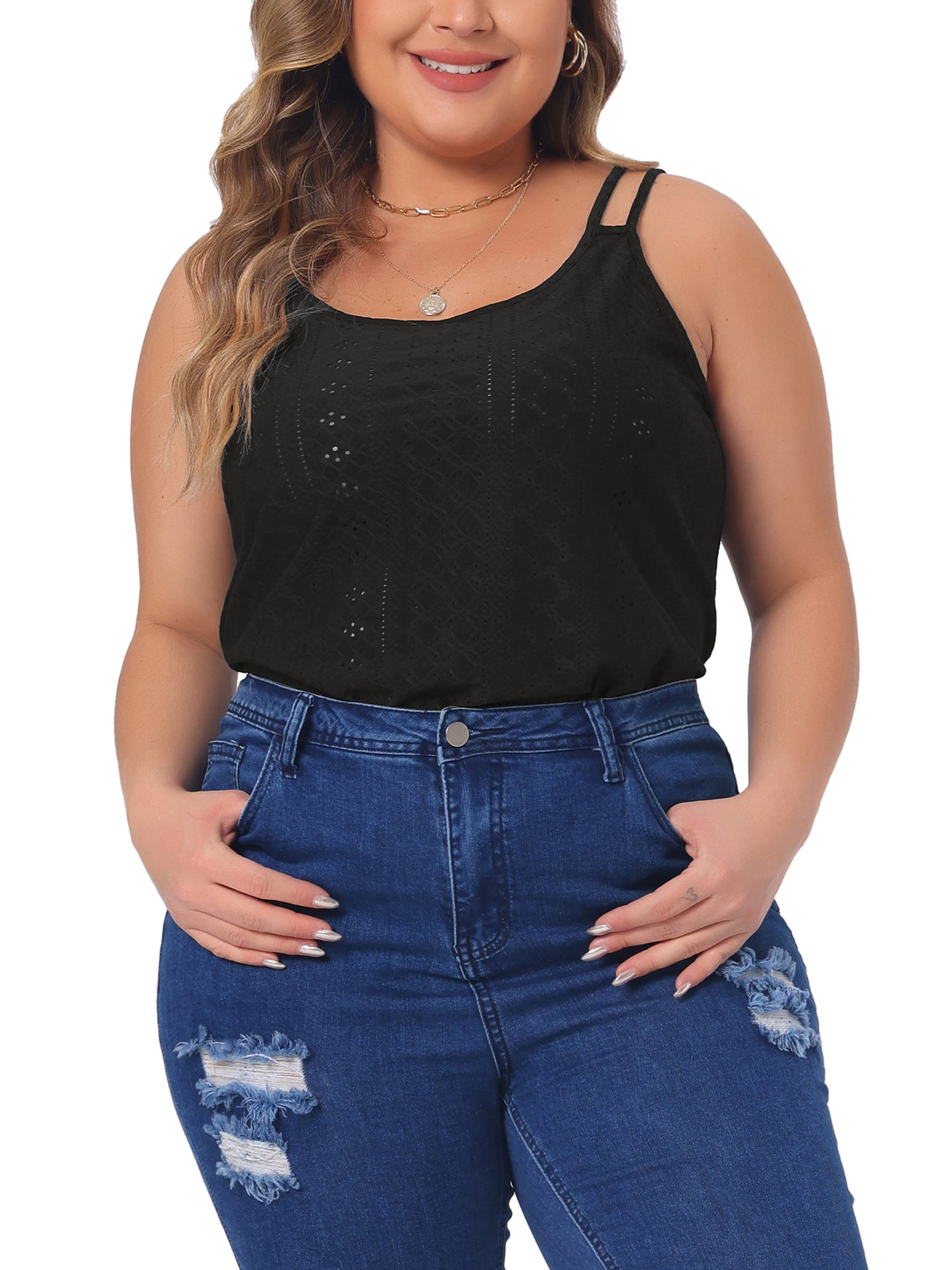 Women Plus Size Tank Tops Eyelet Embroidery Sleeveless Spaghetti Strap Loose Fit Cami Top
