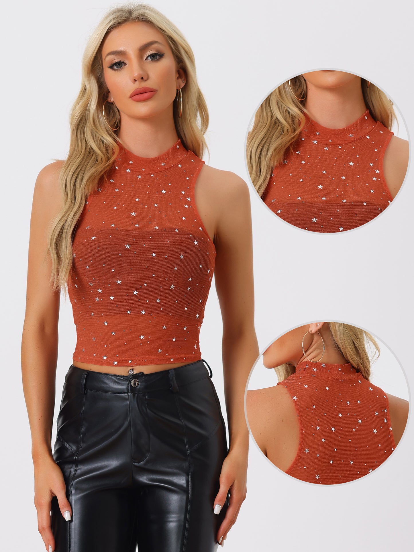 Women's Star Mesh Crop Top Metallic Mock Neck Sleeveless See Through Party Tank Top
