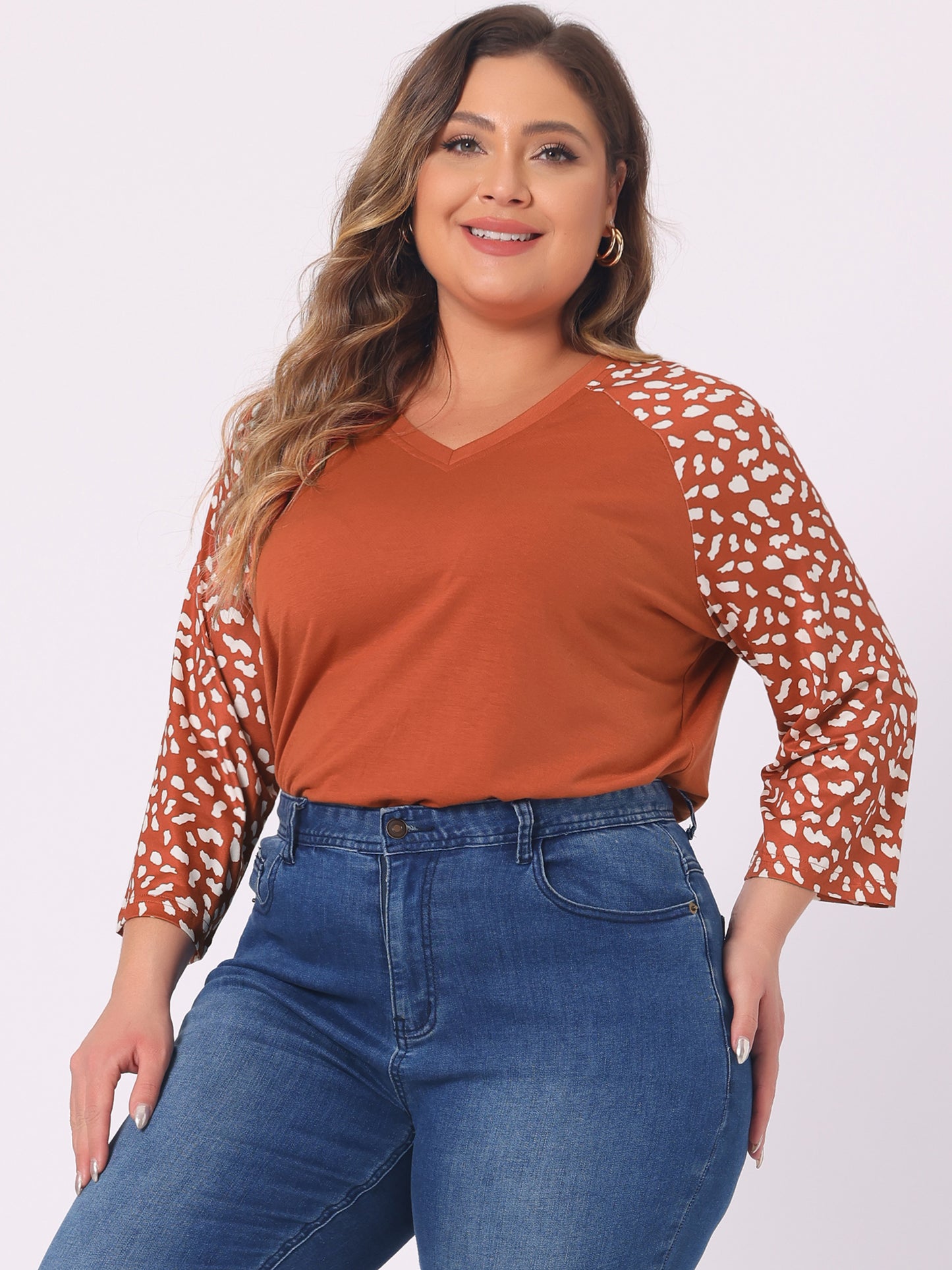 Women's Plus Size Top Casual V Neck 3/4 Sleeve Floral Raglan Top T-Shirt
