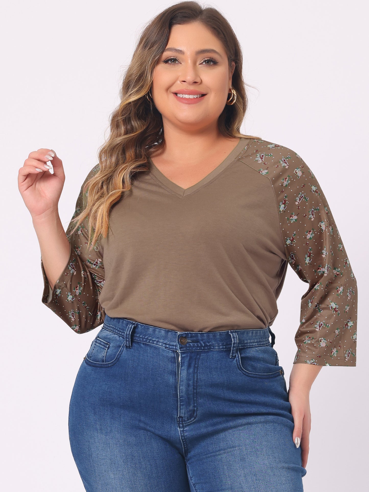 Women's Plus Size Top Casual V Neck 3/4 Sleeve Floral Raglan Top T-Shirt