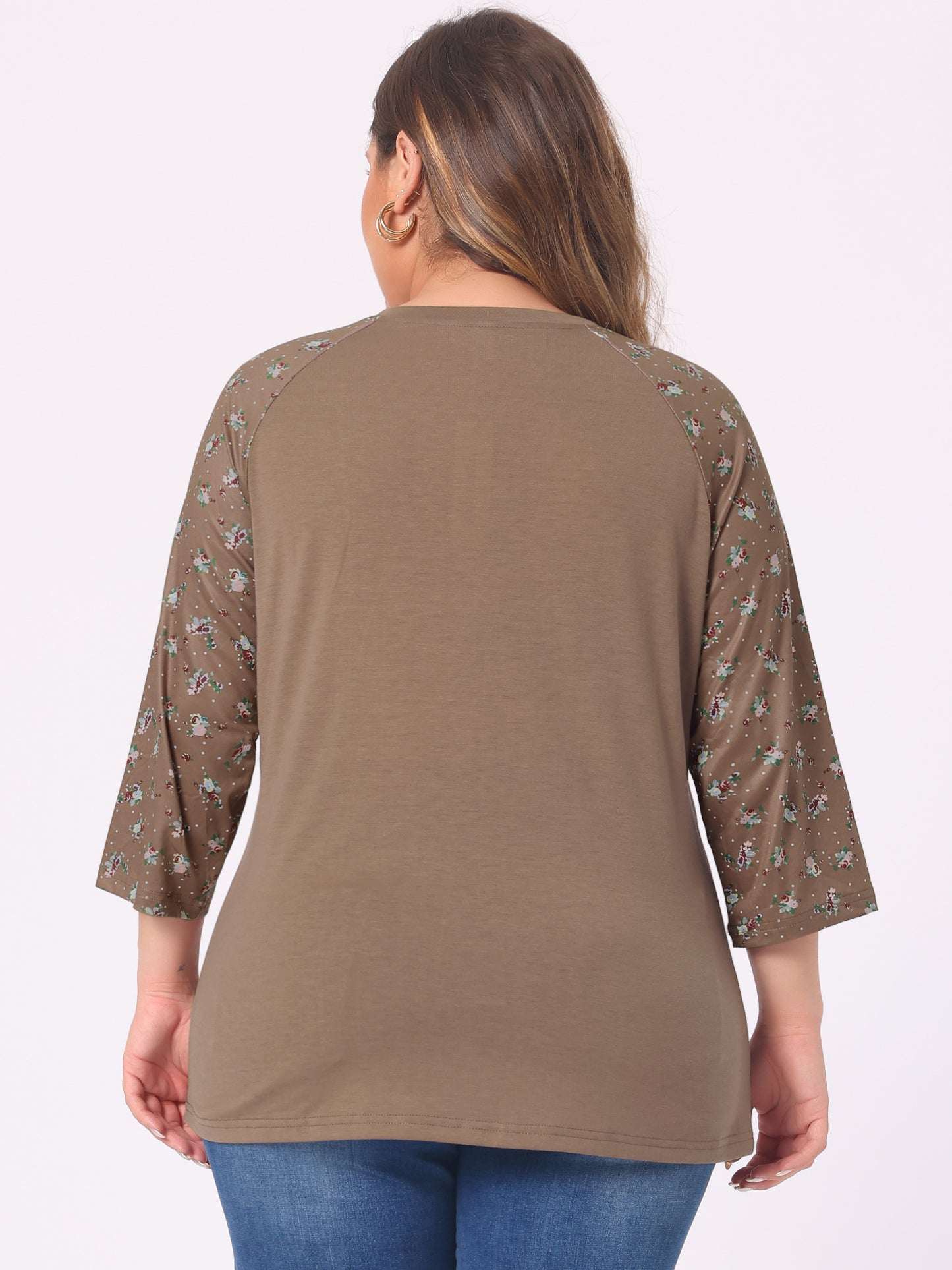 Women's Plus Size Top Casual V Neck 3/4 Sleeve Floral Raglan Top T-Shirt