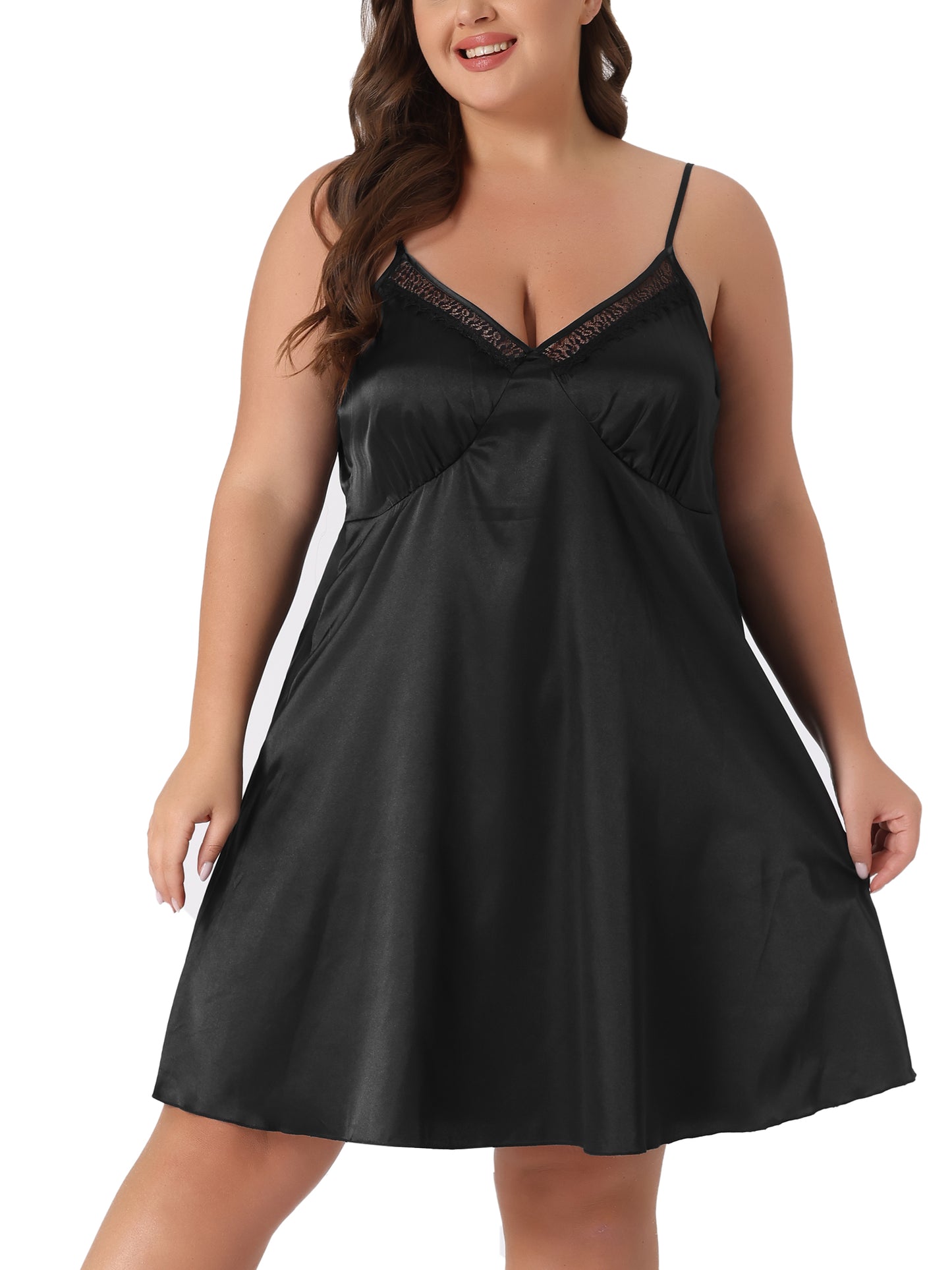 Women Plus Size Lingerie Satin Lace Chemise Nightgown V-Neck Cami Sleeveless Dress Sleepwear