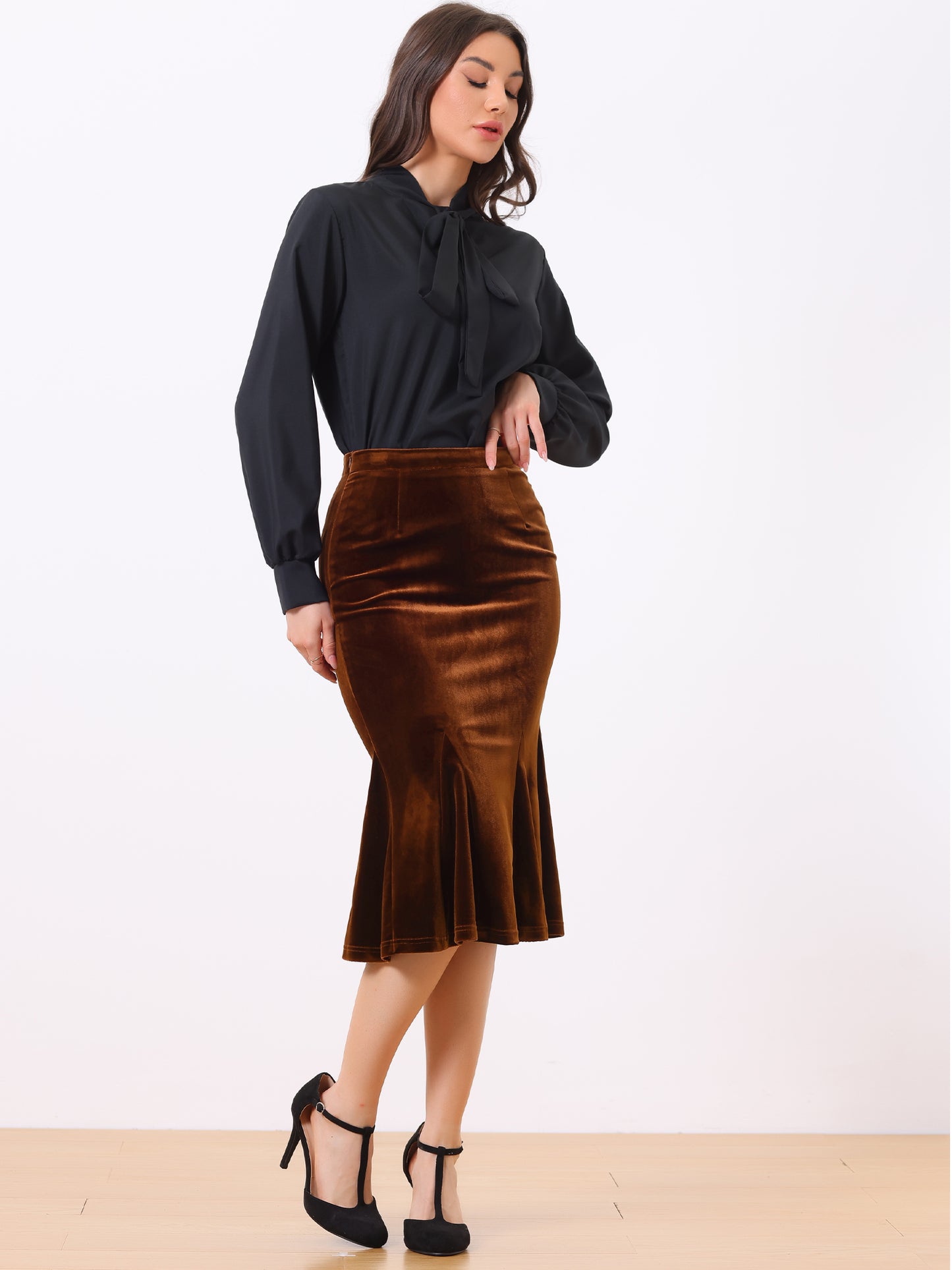 Falda ceñida estilo sirena con cola de pez de terciopelo y cintura elástica vintage para mujer