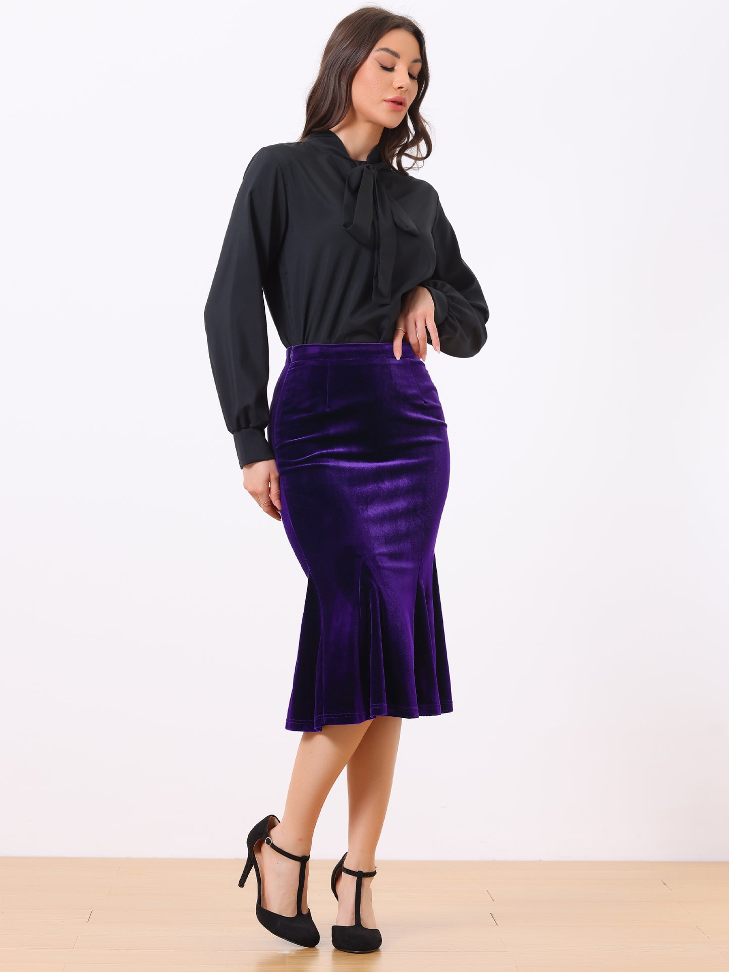 Falda ceñida estilo sirena con cola de pez de terciopelo y cintura elástica vintage para mujer