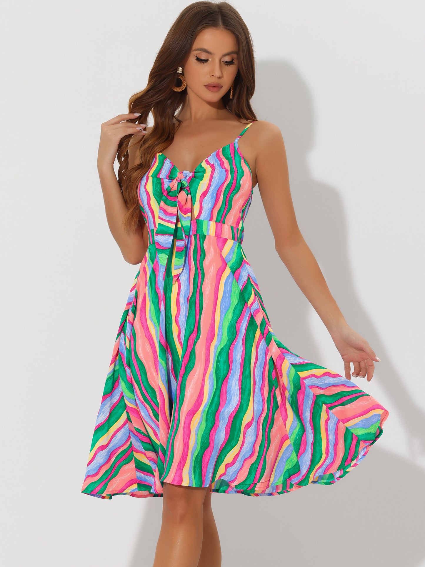 Women's Summer Dress Casual Beach Sundress V Neck Tie Front Rainbow Spaghetti Strap Dresses (Available in Plus Size)
