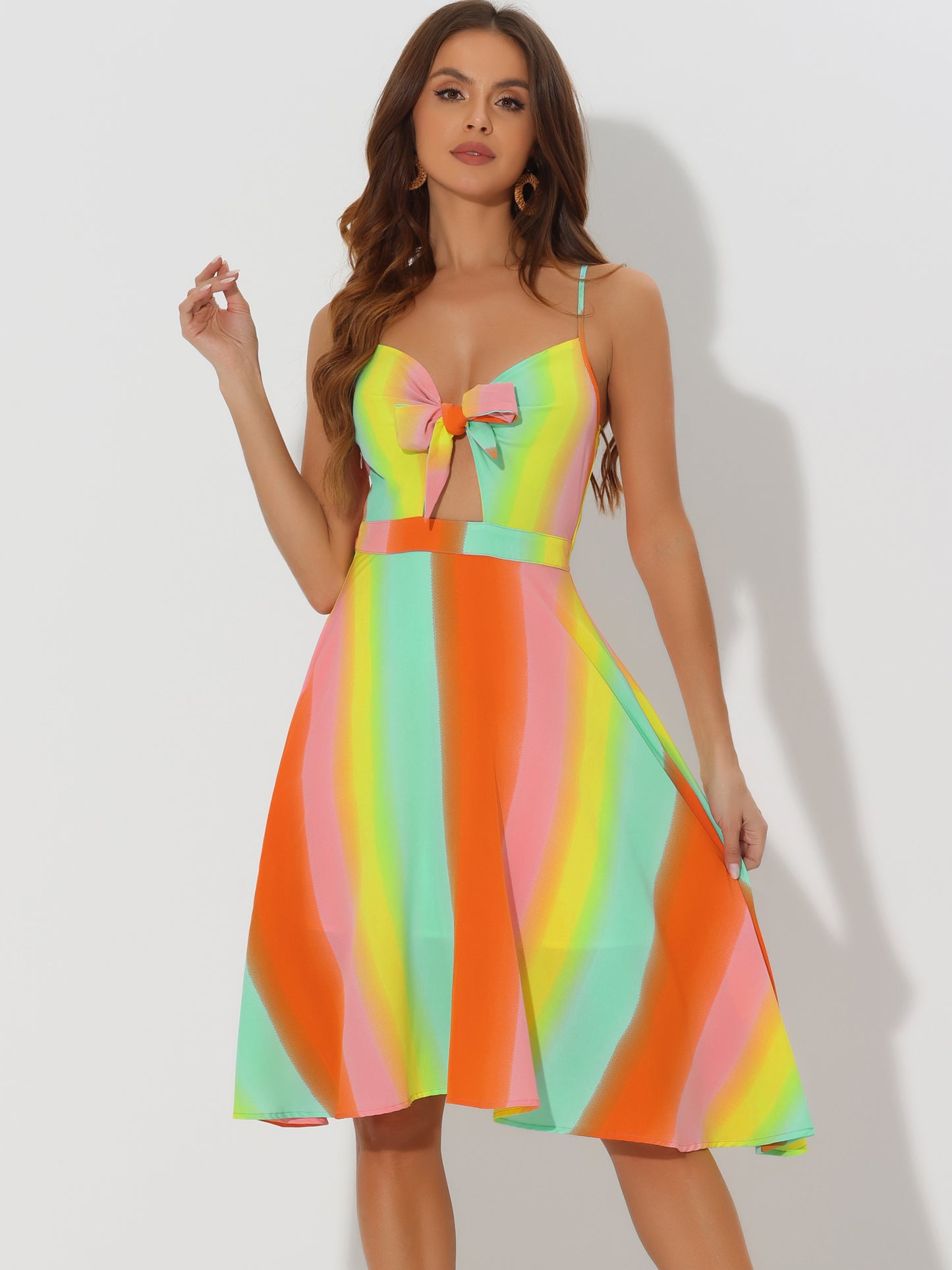 Women's Summer Dress Casual Beach Sundress V Neck Tie Front Rainbow Spaghetti Strap Dresses (Available in Plus Size)