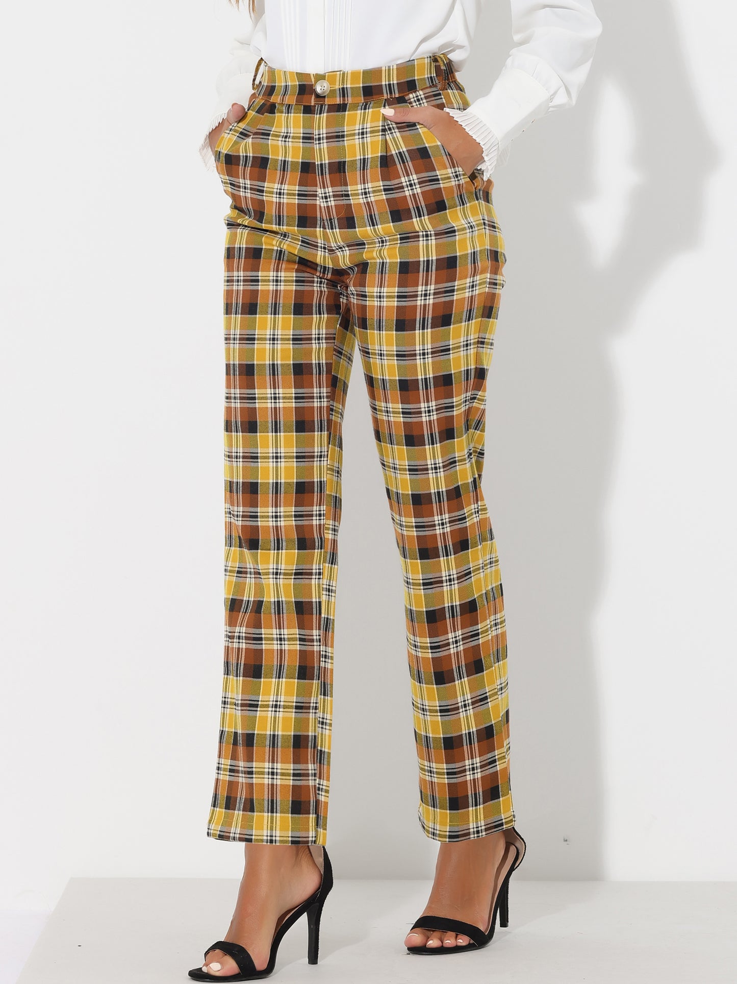 Women's Plaid Pants Elastic Waist Casual Work Office Long Trousers