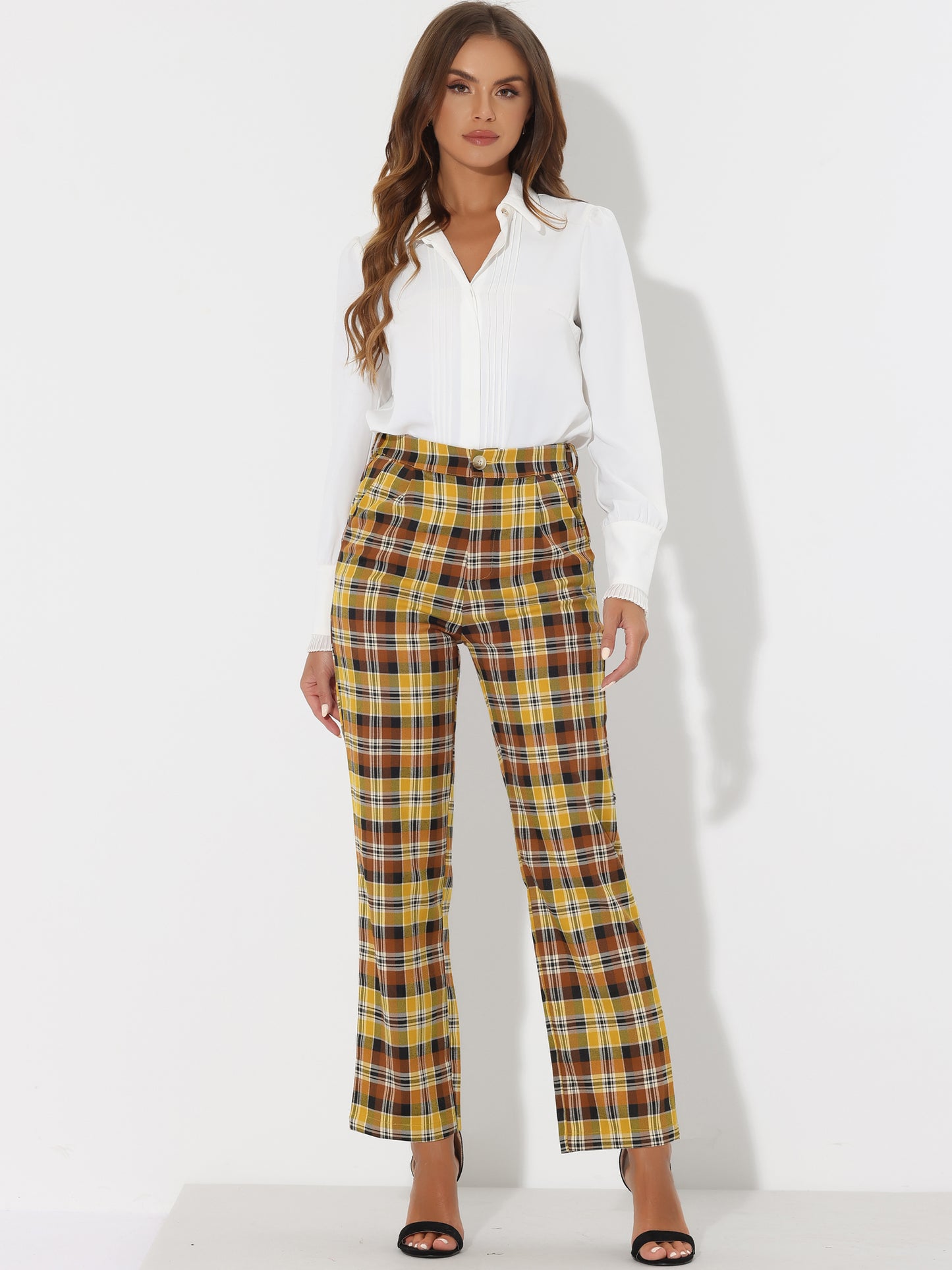 Women's Plaid Pants Elastic Waist Casual Work Office Long Trousers