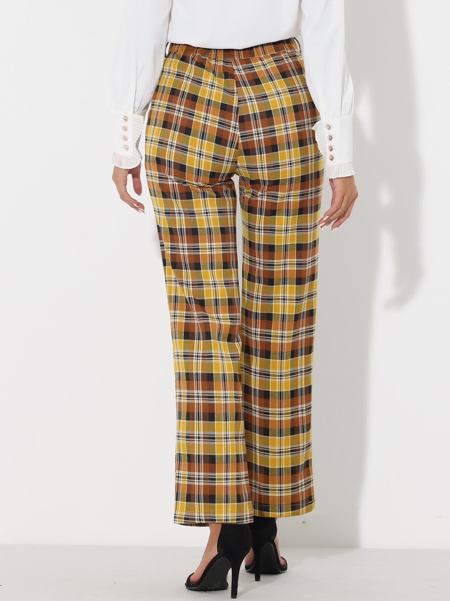 Women's Plaid Pants Elastic Waist Casual Work Office Long Trousers