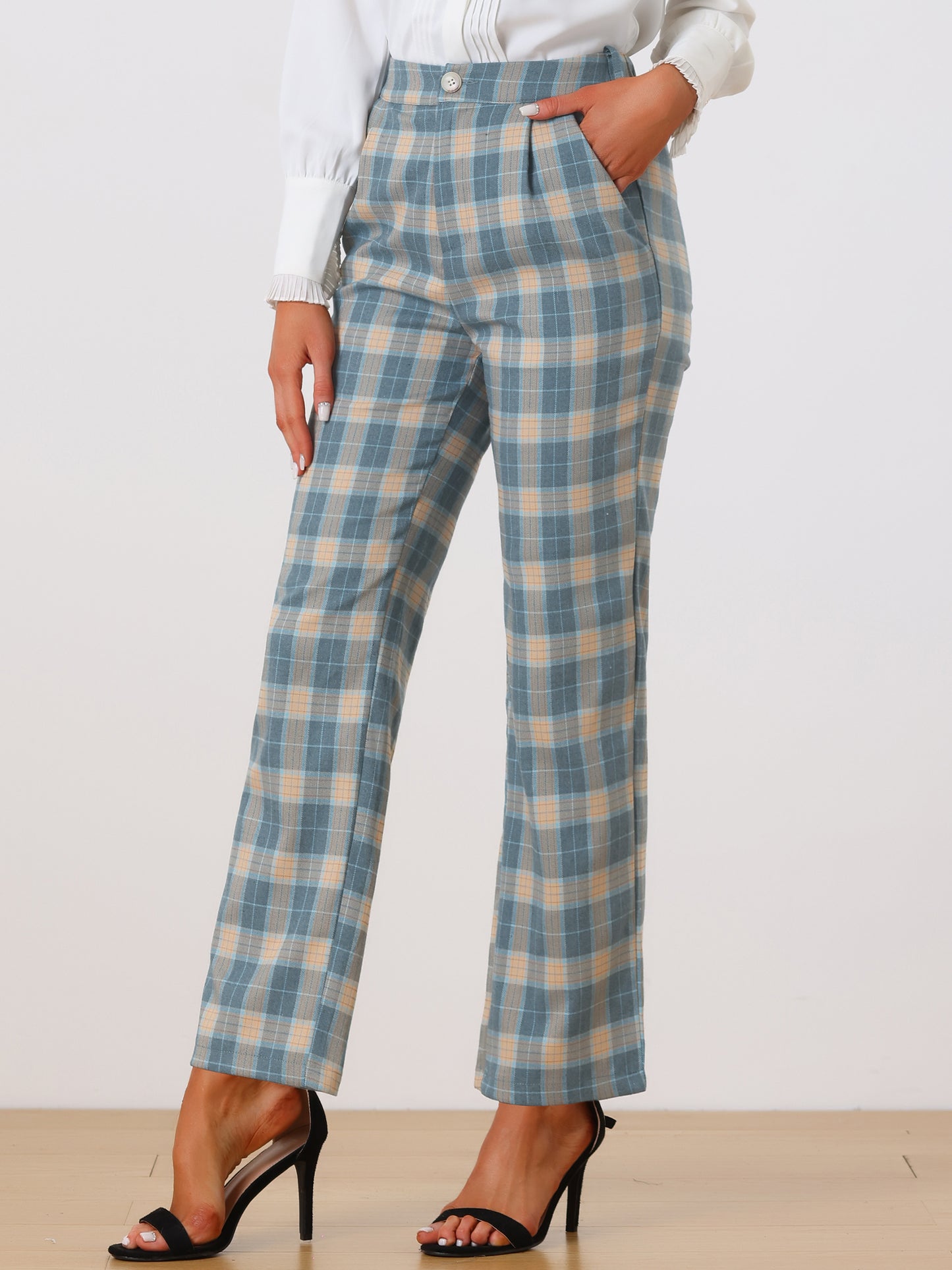 Women's Plaid Pants Elastic Waist Casual Work Office Long Trousers