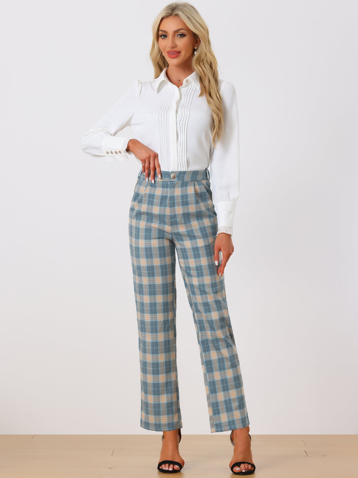 Women's Plaid Pants Elastic Waist Casual Work Office Long Trousers