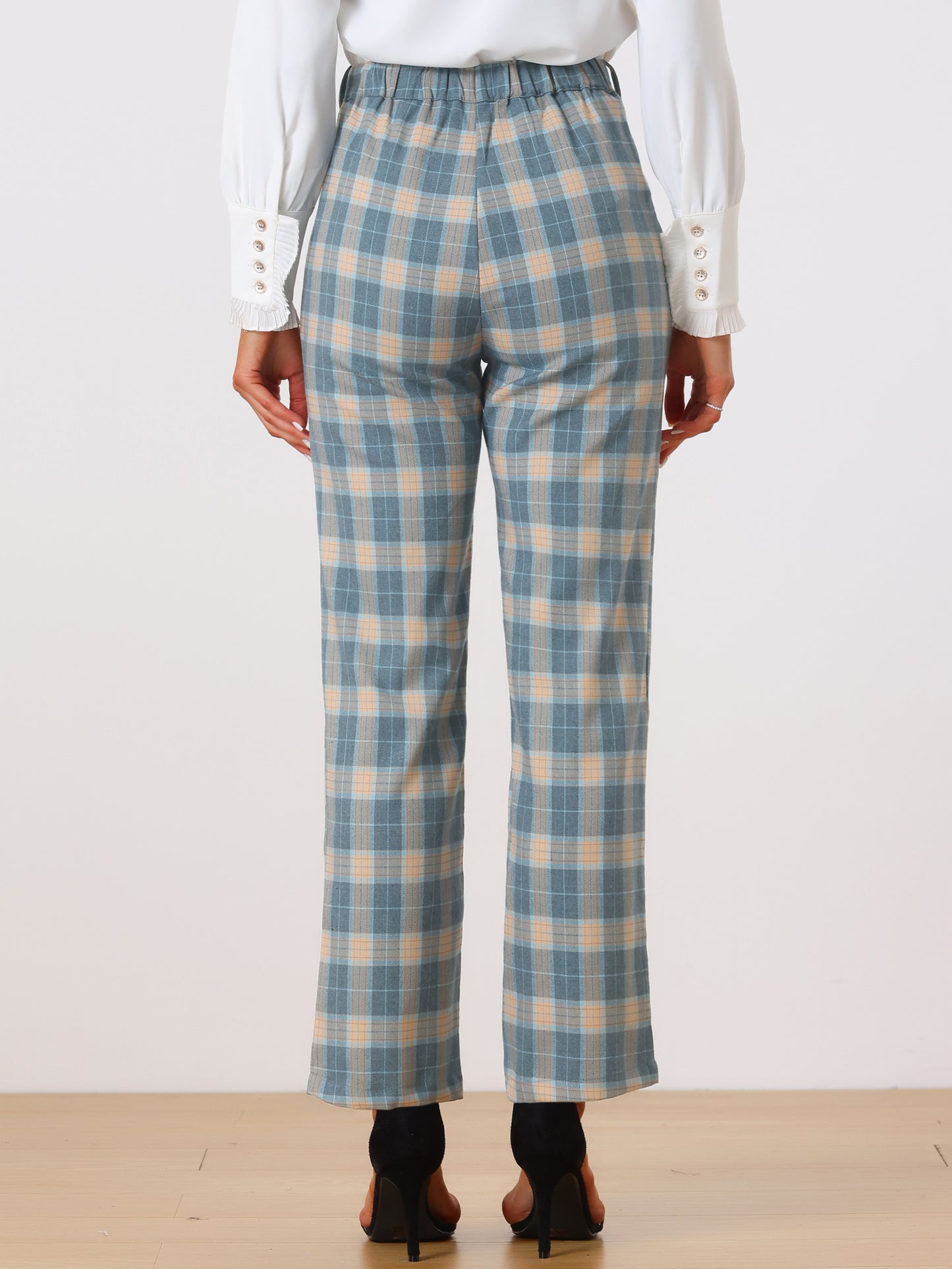 Women's Plaid Pants Elastic Waist Casual Work Office Long Trousers