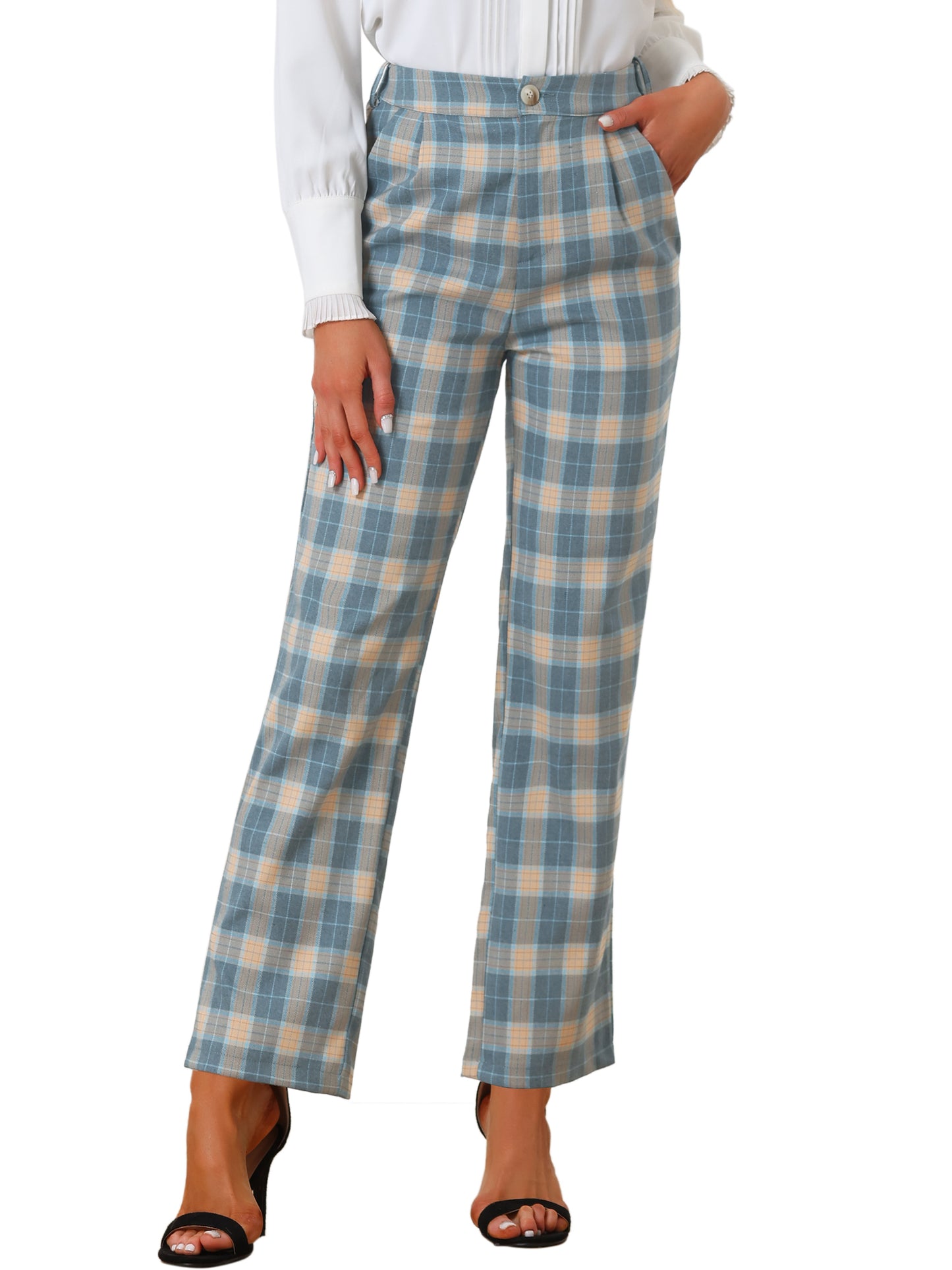 Women's Plaid Pants Elastic Waist Casual Work Office Long Trousers