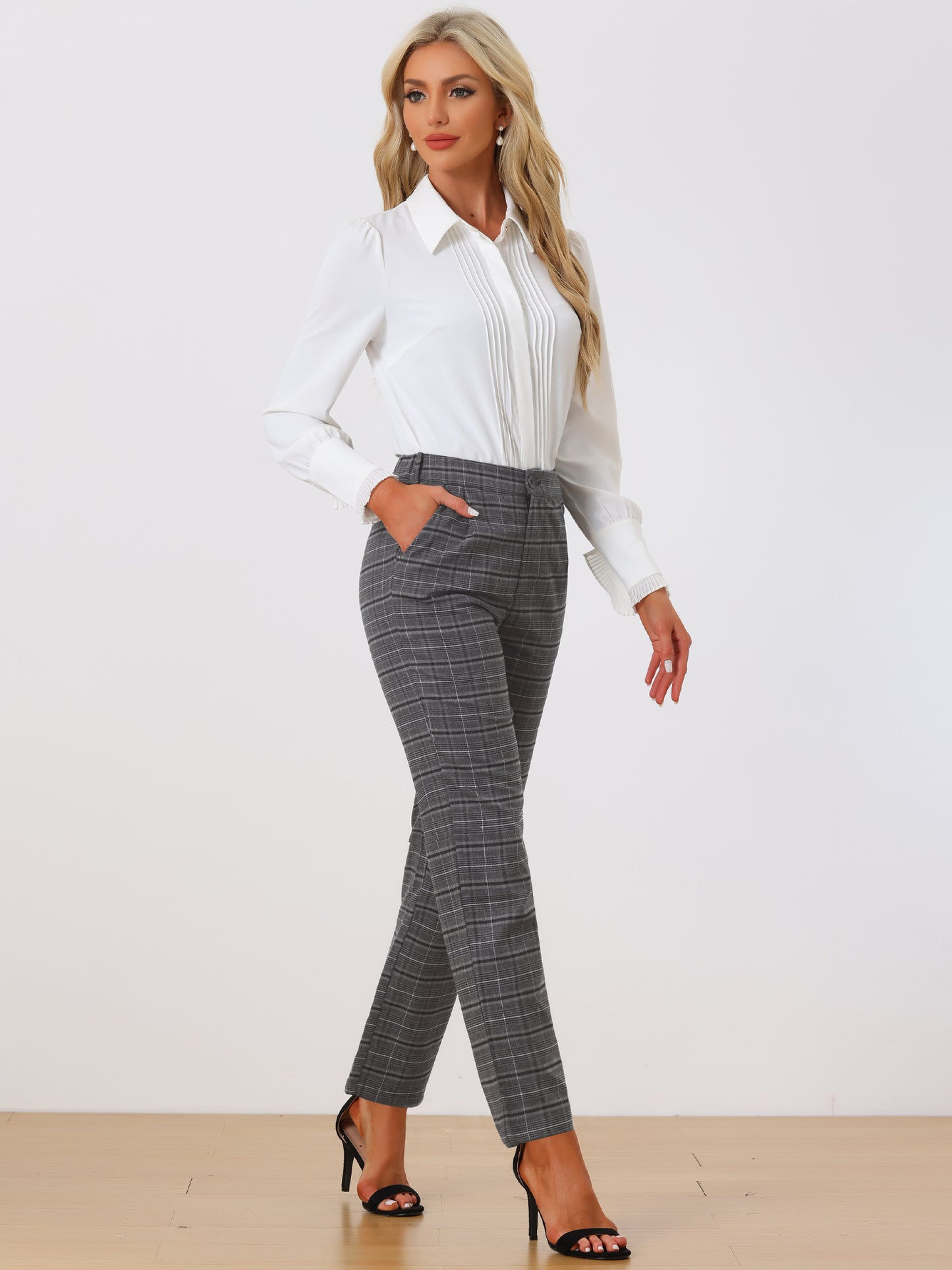 Women's Plaid Pants Elastic Waist Casual Work Office Long Trousers