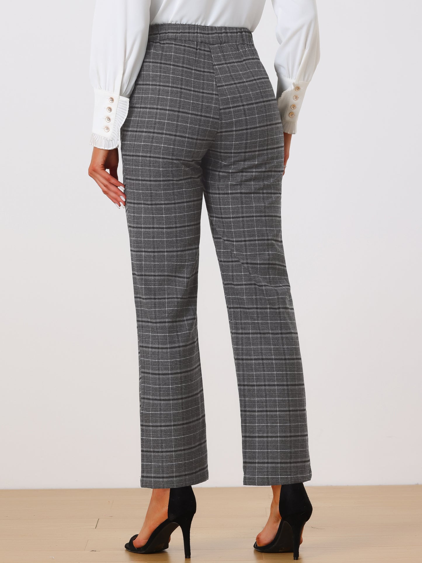Women's Plaid Pants Elastic Waist Casual Work Office Long Trousers