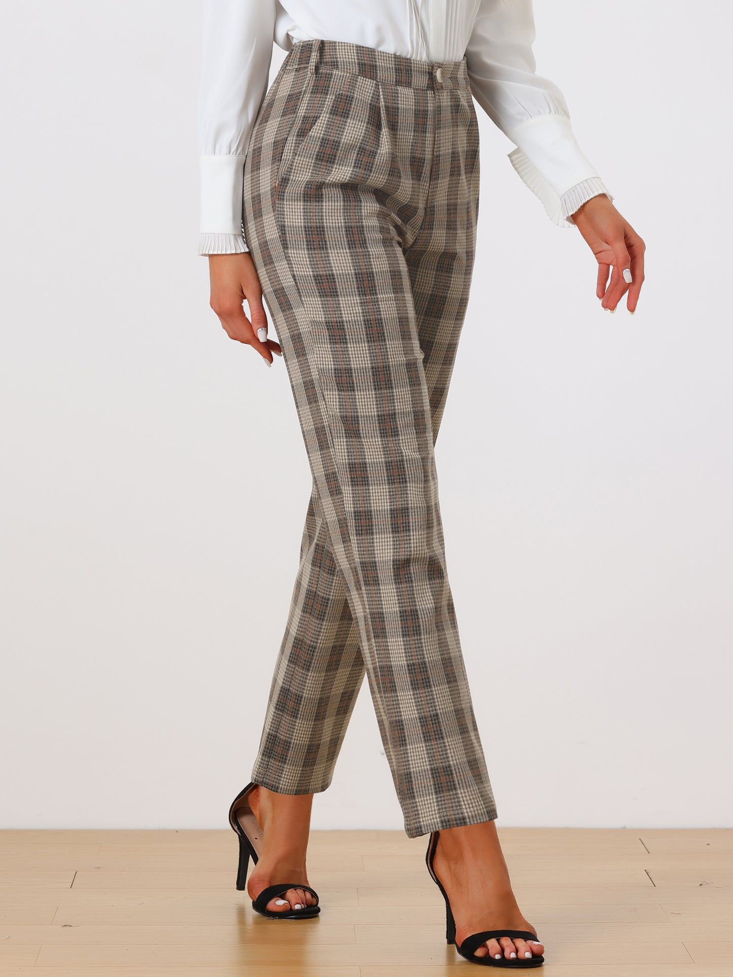 Women's Plaid Pants Elastic Waist Casual Work Office Long Trousers