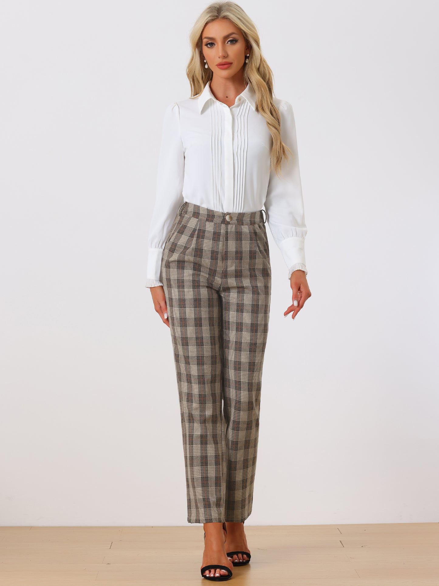 Women's Plaid Pants Elastic Waist Casual Work Office Long Trousers
