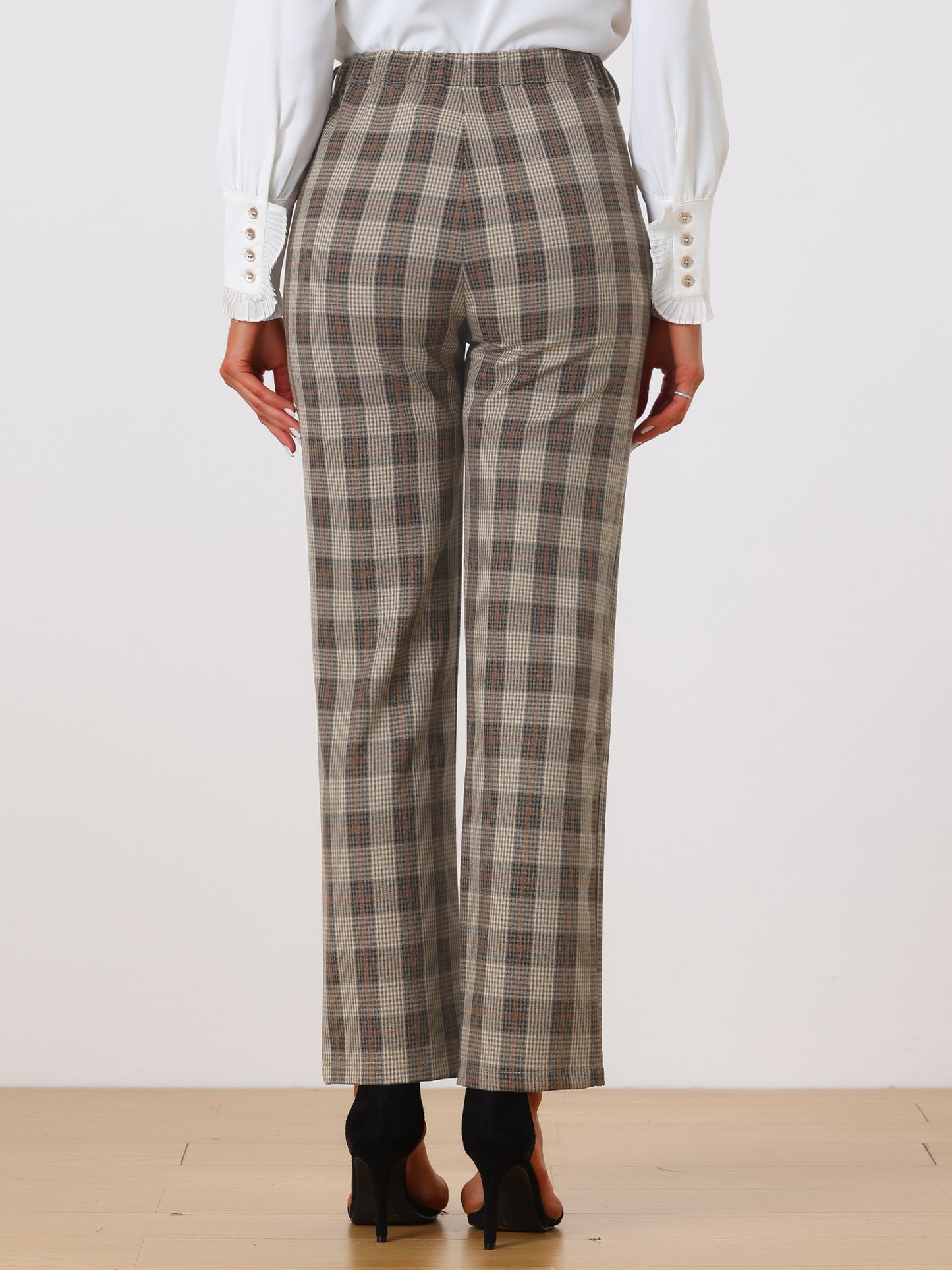 Women's Plaid Pants Elastic Waist Casual Work Office Long Trousers