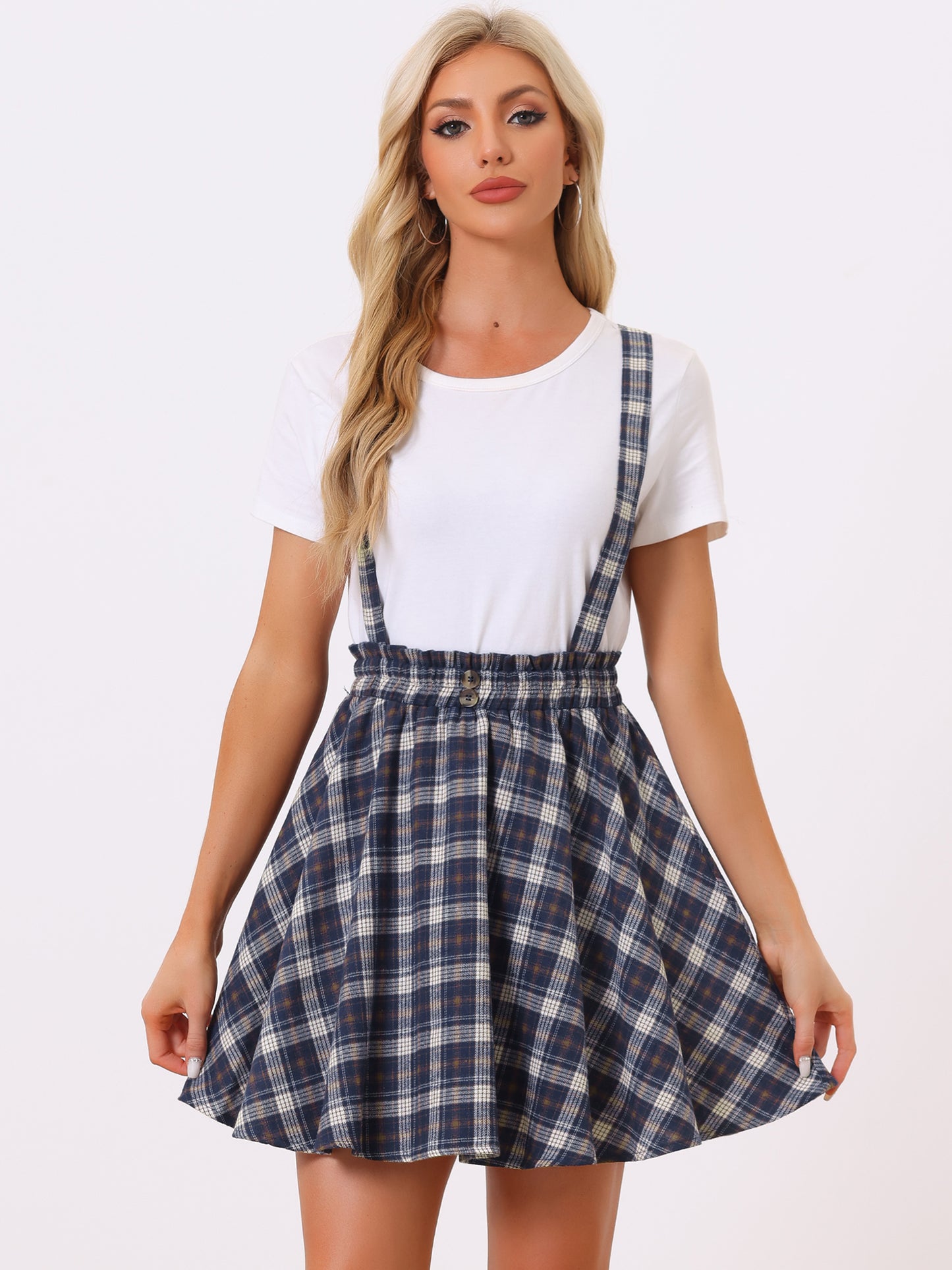 Falda skater acampanada con tirantes y botones decorados con cuadros escoceses para mujer