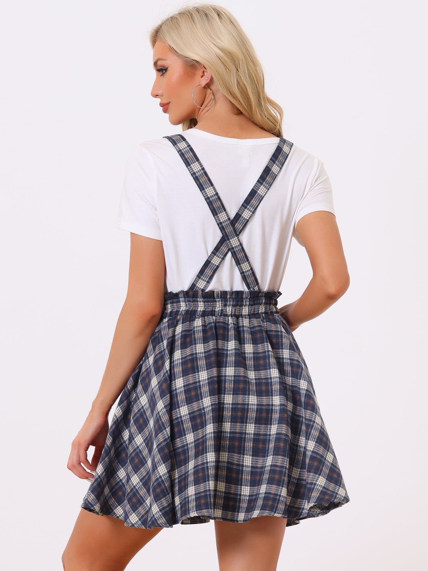 Falda skater acampanada con tirantes y botones decorados con cuadros escoceses para mujer