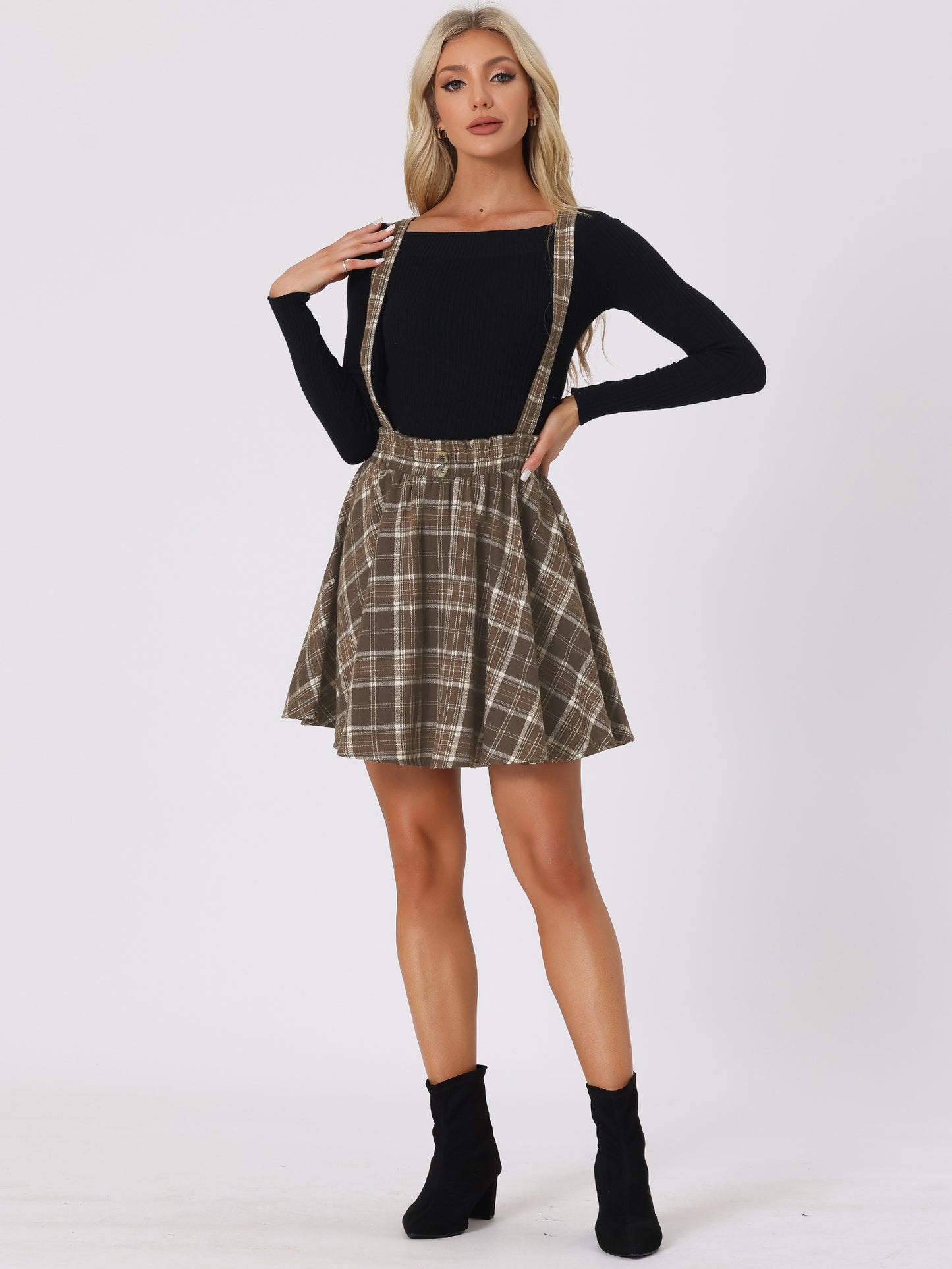 Women's Tartan Plaid Button Decor Flare Skater Suspender Skirt