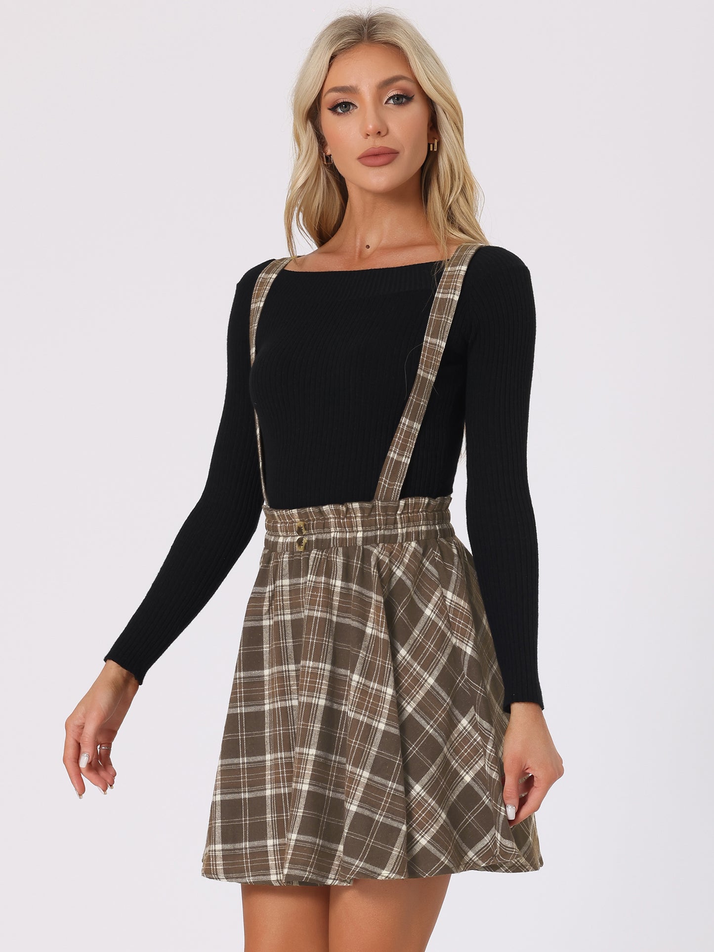 Women's Tartan Plaid Button Decor Flare Skater Suspender Skirt