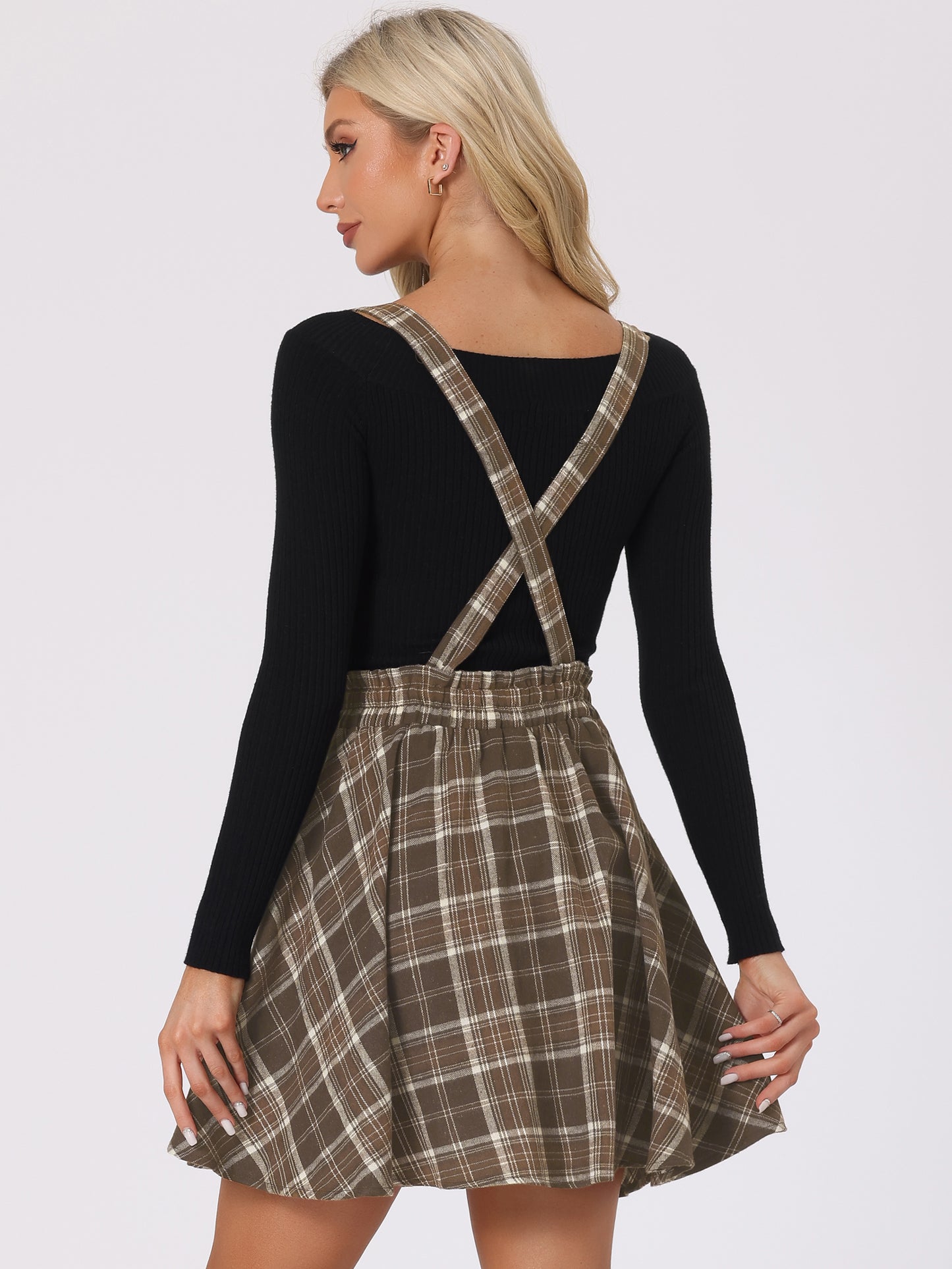 Women's Tartan Plaid Button Decor Flare Skater Suspender Skirt