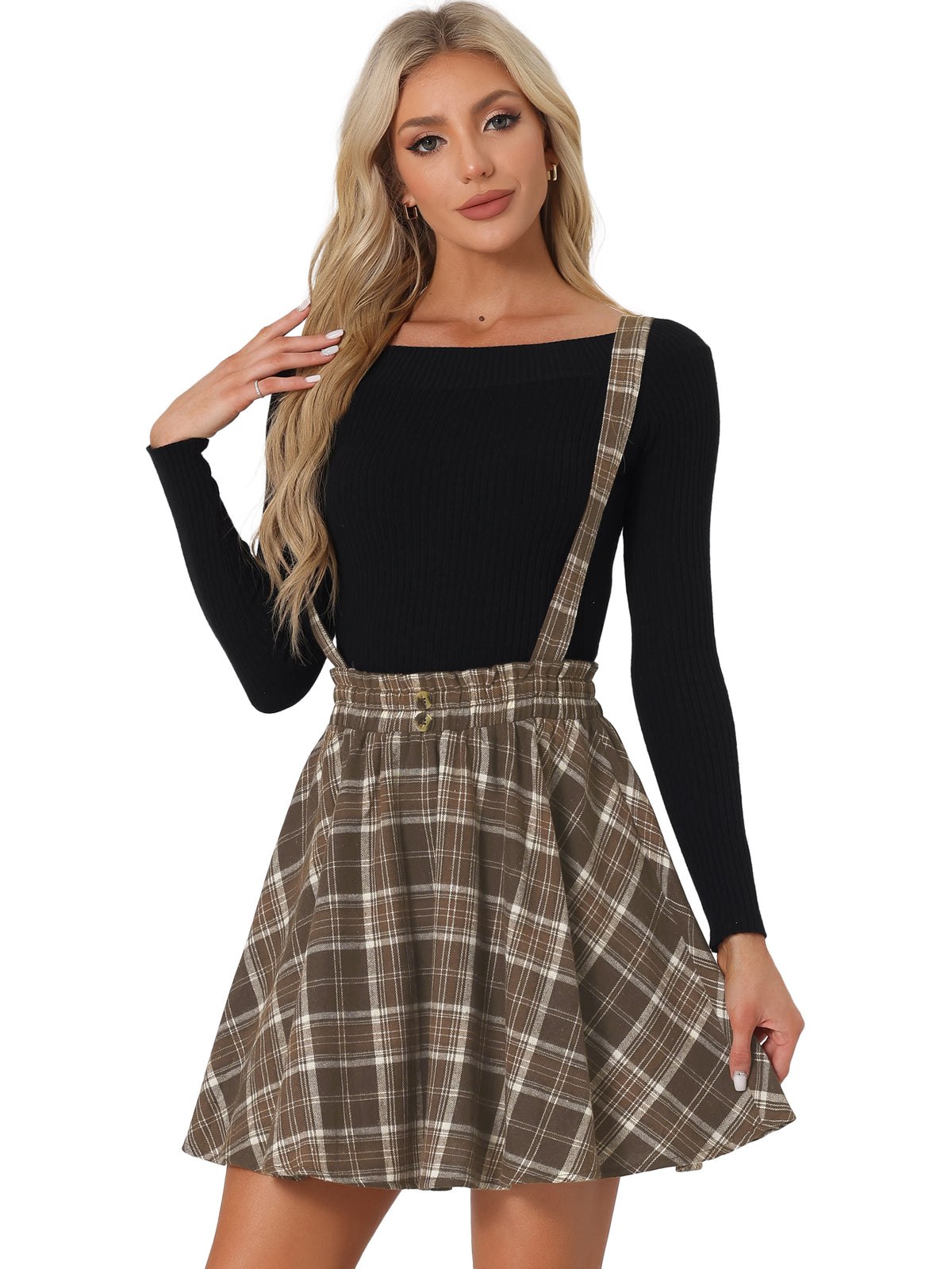 Women's Tartan Plaid Button Decor Flare Skater Suspender Skirt